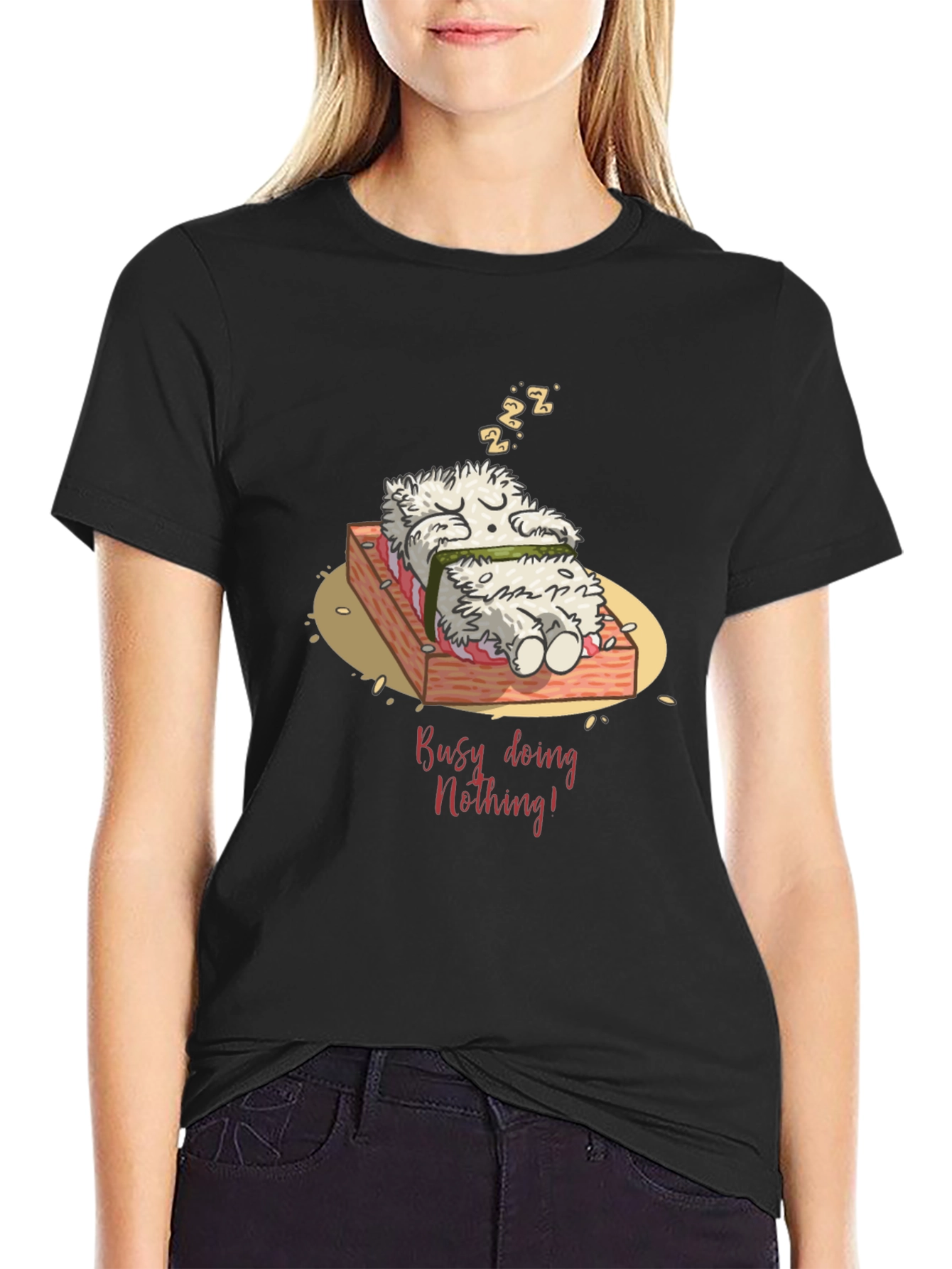 Black Funny "Busy Doing Nothing" Sushi Sleeping T-Shirt view 2