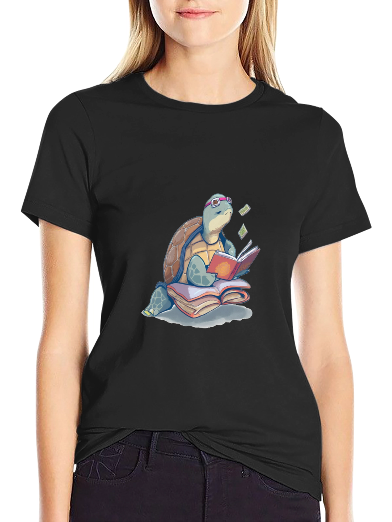 Black Turtle Reading Book T-Shirt view 2