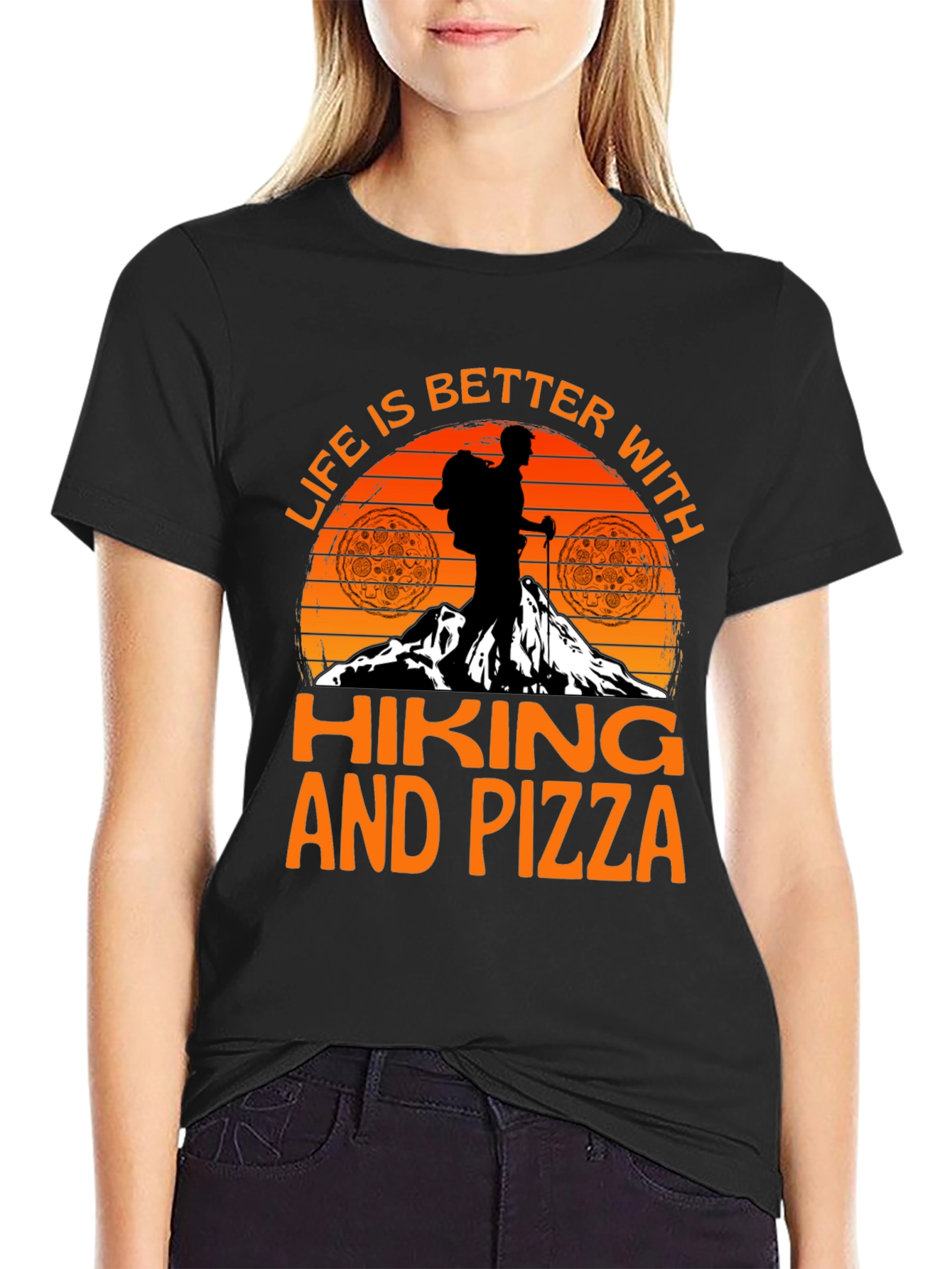 Black Hiking and Pizza Graphic Tee view 2