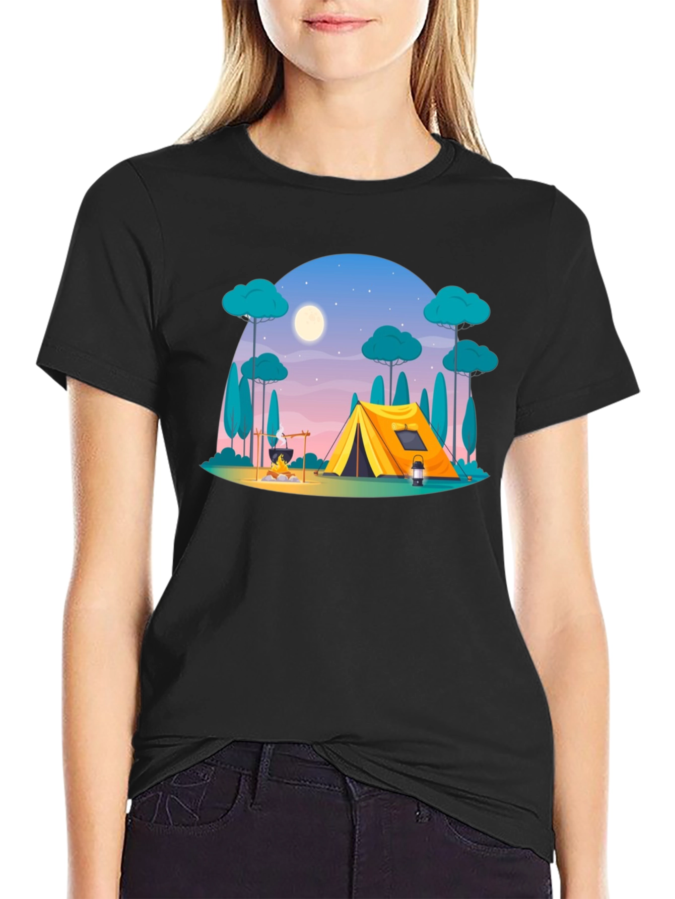 Black Camping Scene Graphic Tee - Outdoor Adventure Shirt view 2