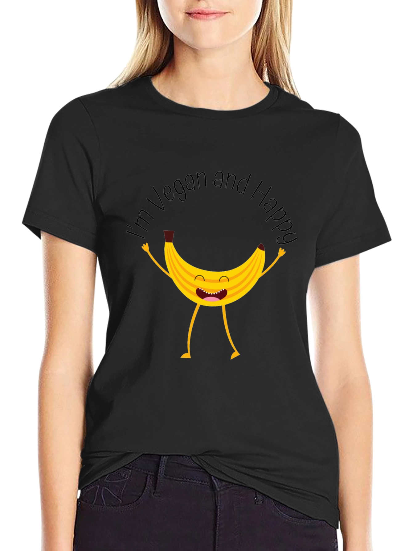 Black Vegan Happy Banana Graphic T-Shirt view 2
