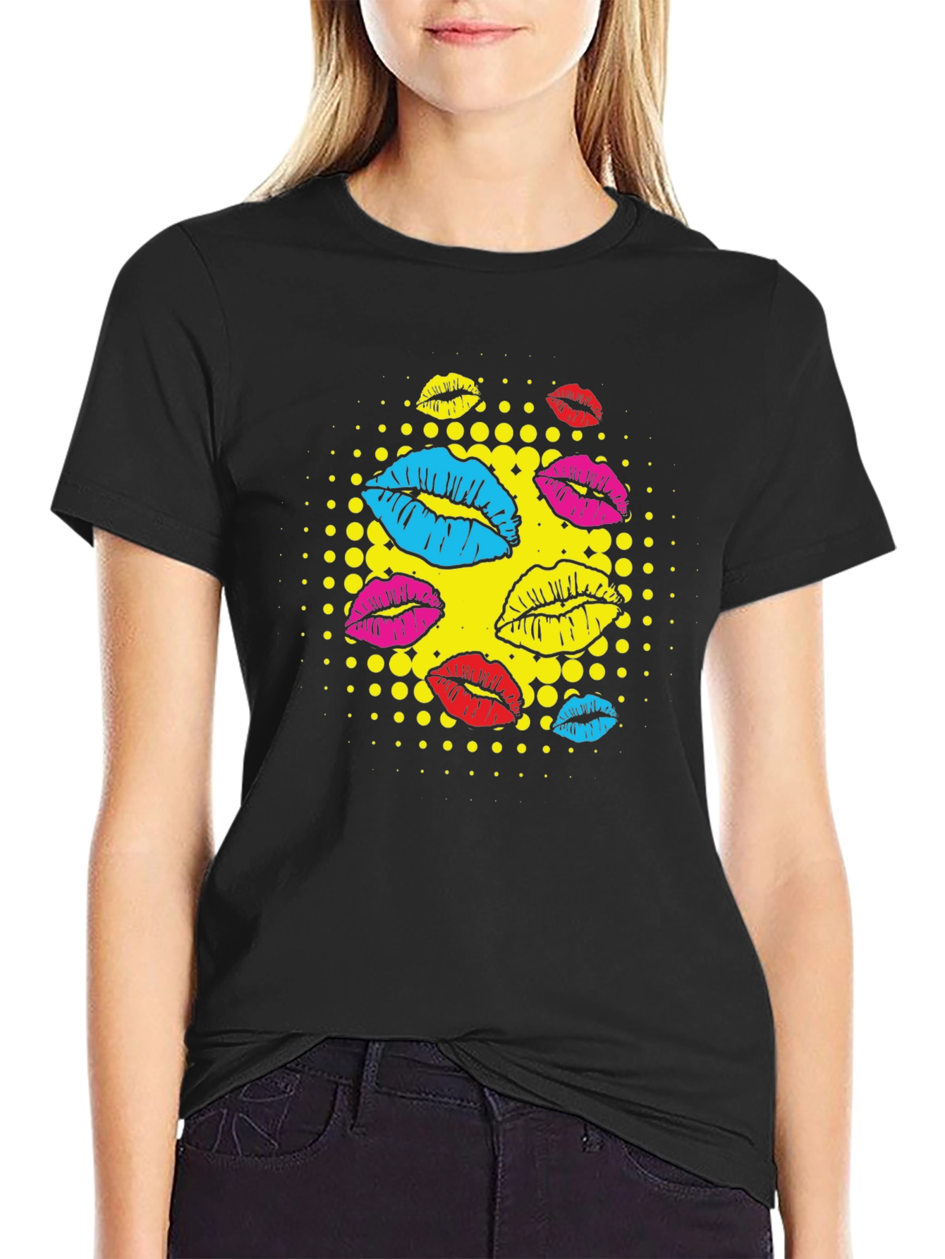 Black Pop Art Lips Graphic T-Shirt - Stylish Casual Wear view 2