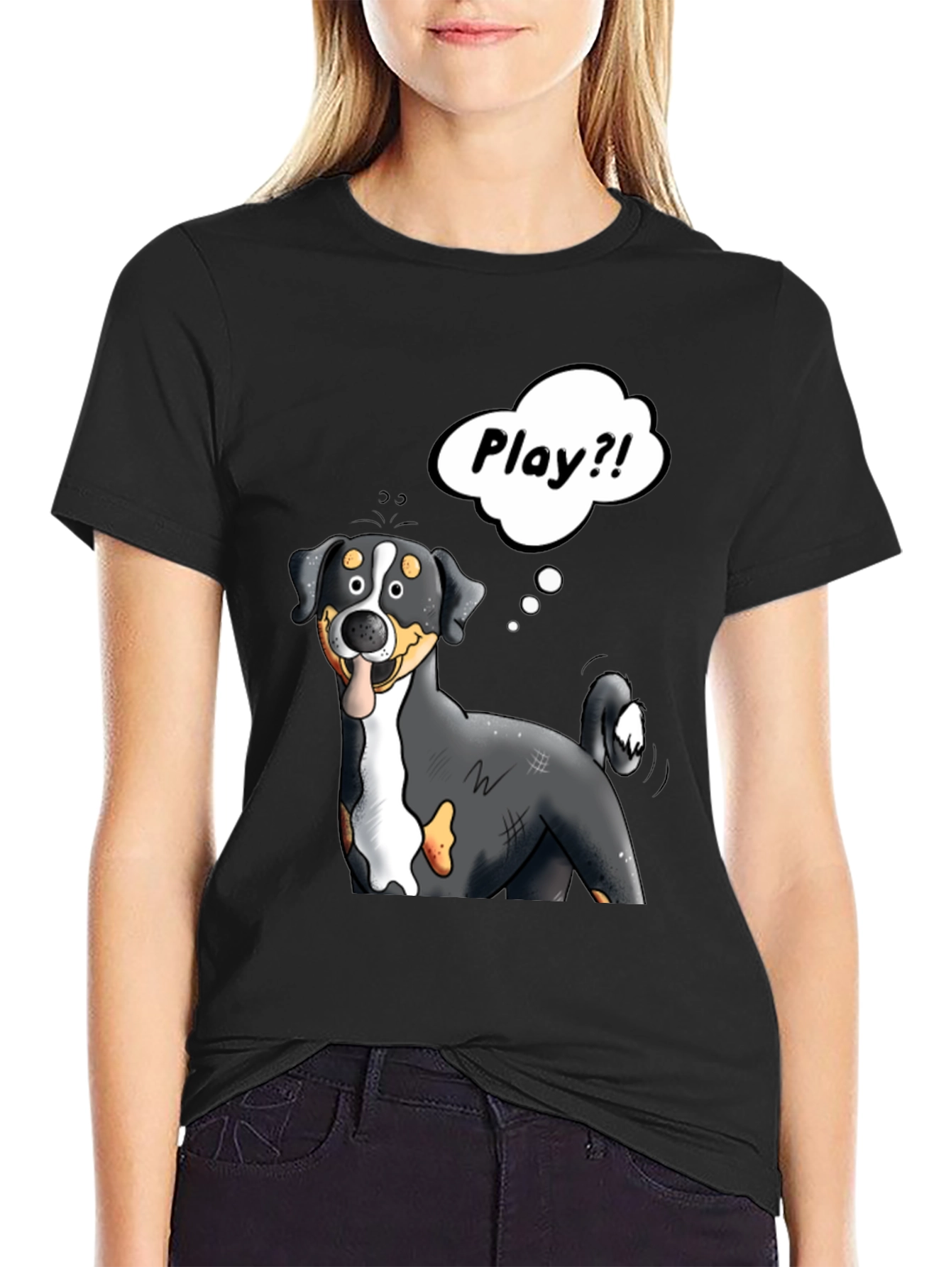 Black Playful Dog Cartoon Graphic Tee view 2