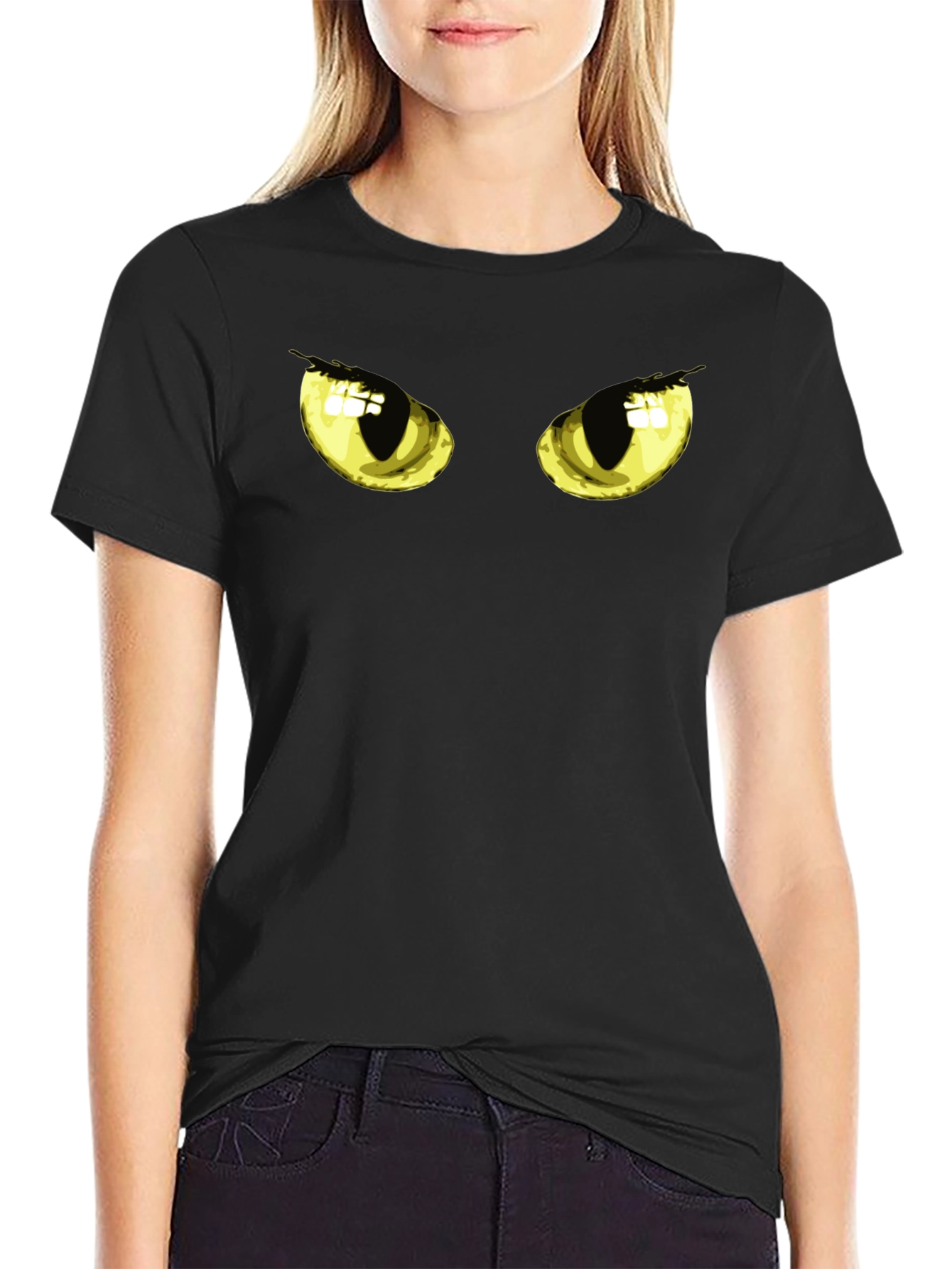 Black Men's Black T-Shirt with Cat Eyes Graphic view 2