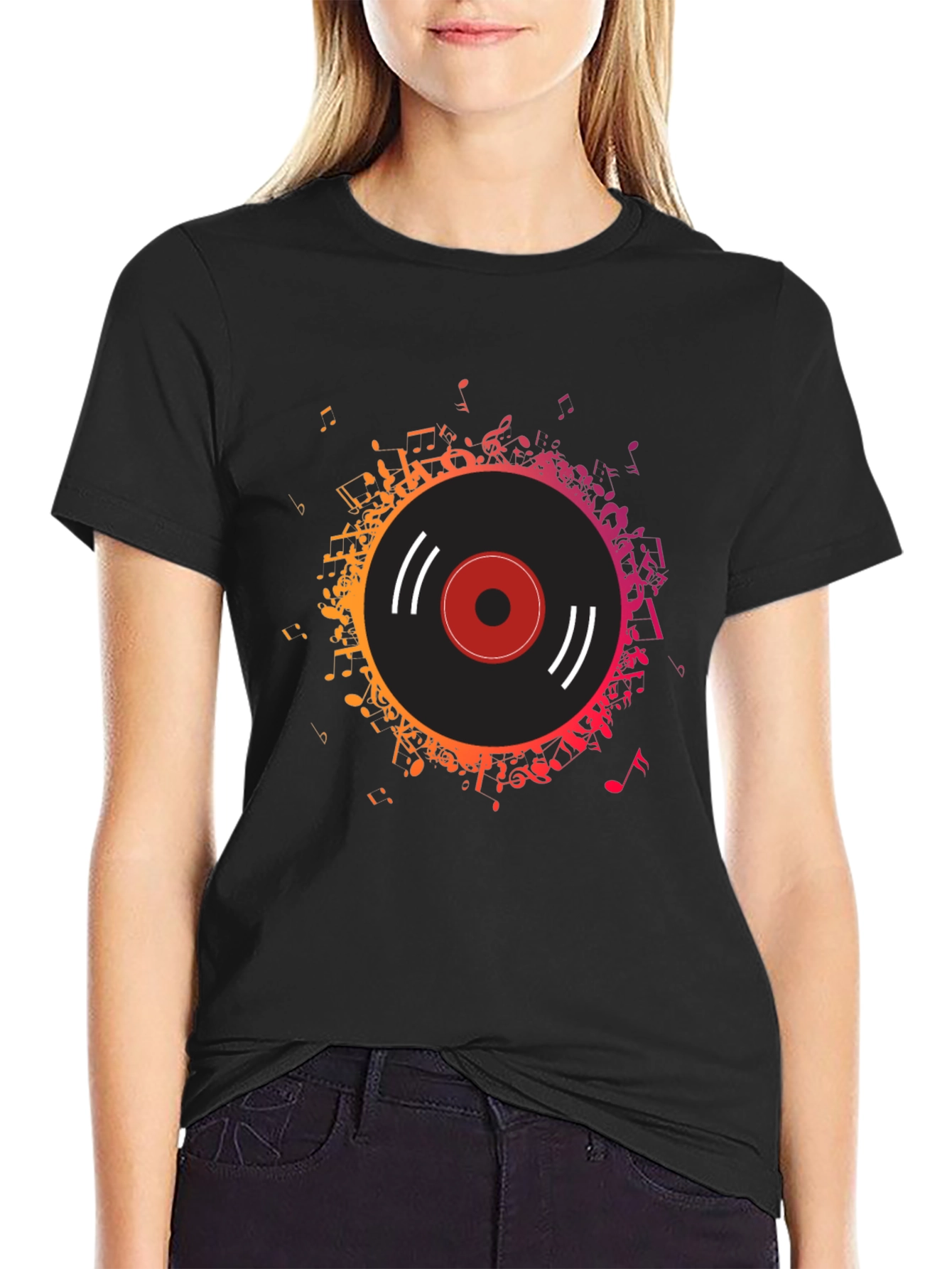 Black Vinyl Record Music Notes Graphic Tee view 2