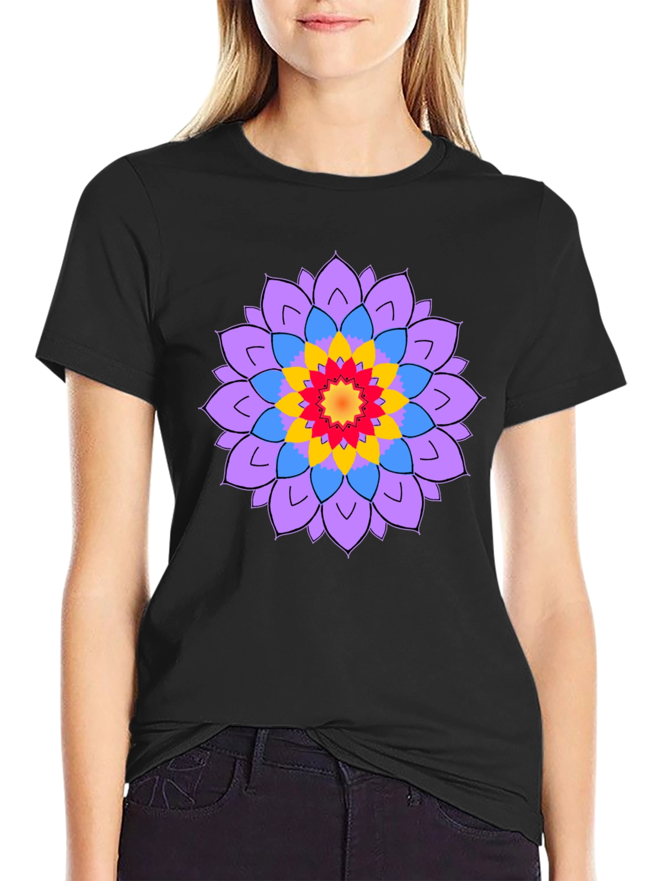 Black Men's Black T-Shirt with Mandala Flower Design view 2
