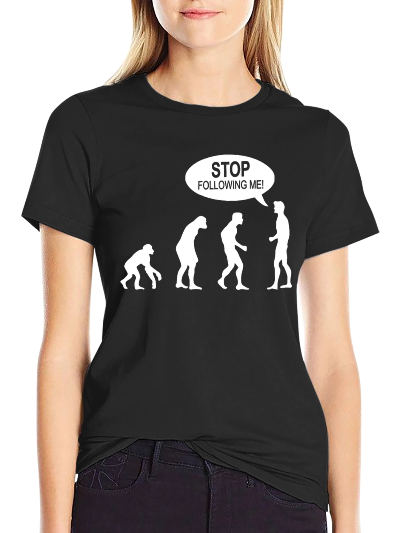 Black Evolution Stop Following Me! Funny Graphic T-Shirt view 2