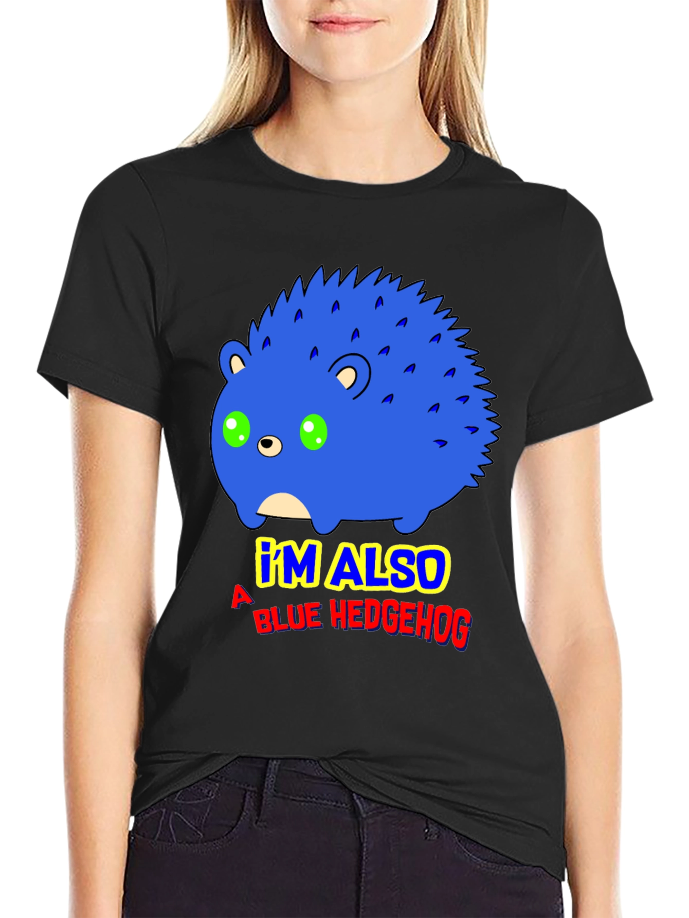 Black Blue Hedgehog Graphic T-Shirt - Funny Cartoon Tee view 2