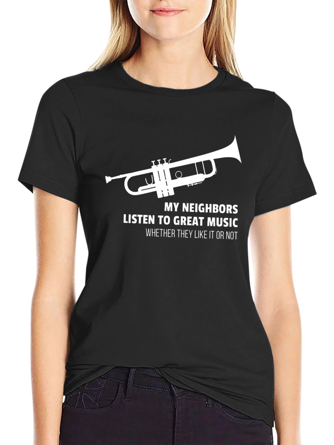 Black Funny Music Lover T-Shirt: My Neighbors Listen Trumpet Tee view 2