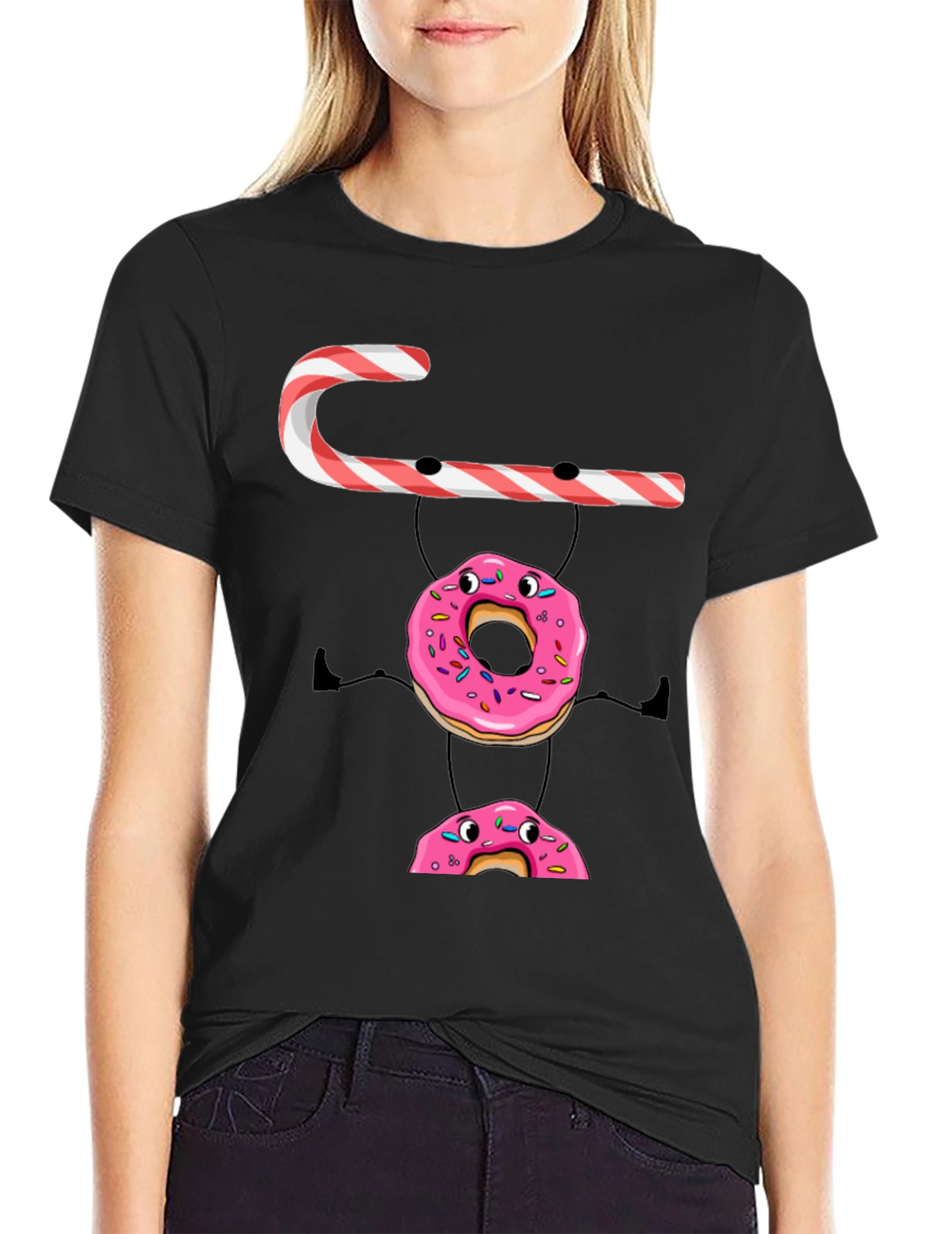Black Candy Cane Donut Stack T-Shirt view 2