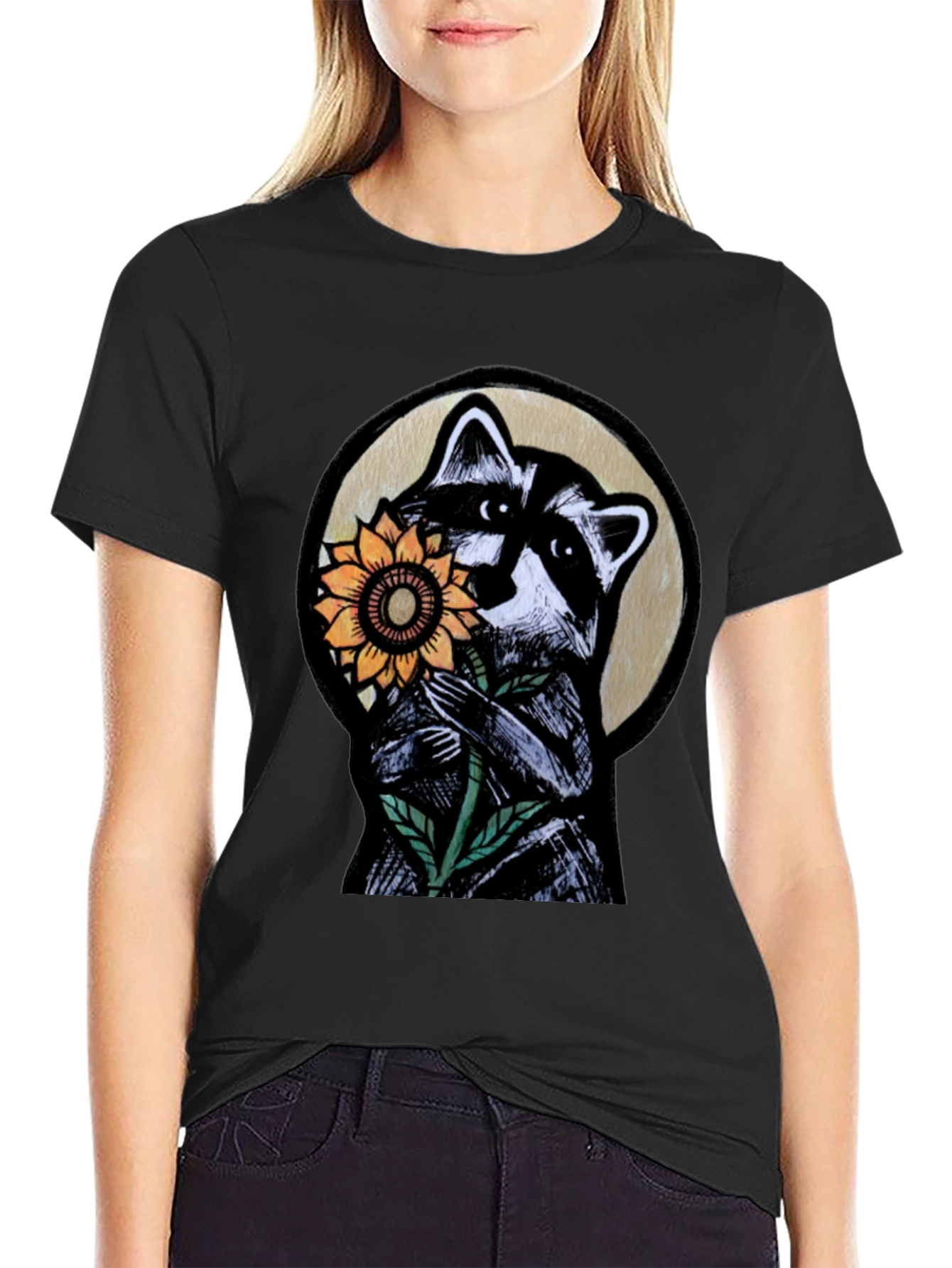 Black Raccoon Sunflower Graphic Tee - Black view 2