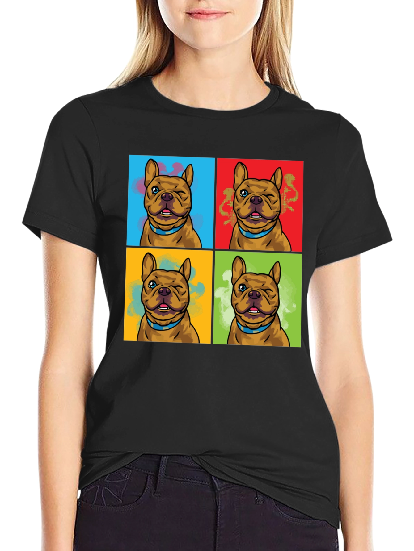 Black Pop Art Bulldog Print T-Shirt view 2