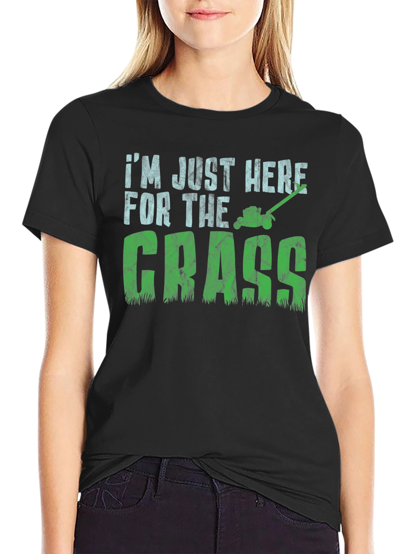 Black I'm Just Here for The Grass T-Shirt - Lawn Care Humor view 2
