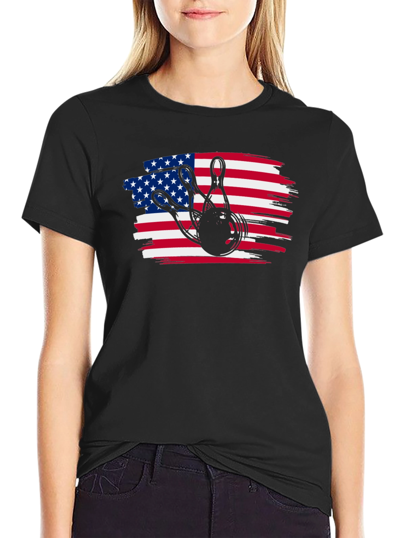 Black American Flag Bowling T-Shirt view 2