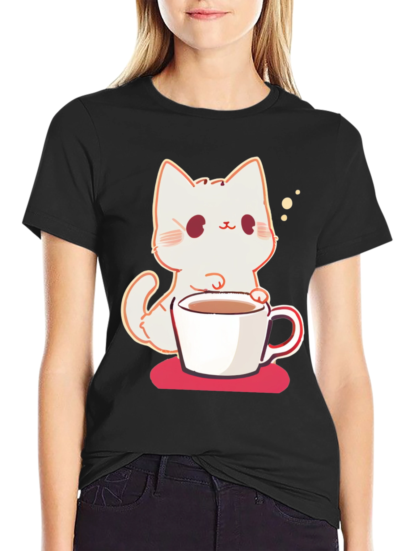 Black Cute Cat with Coffee T-Shirt view 2
