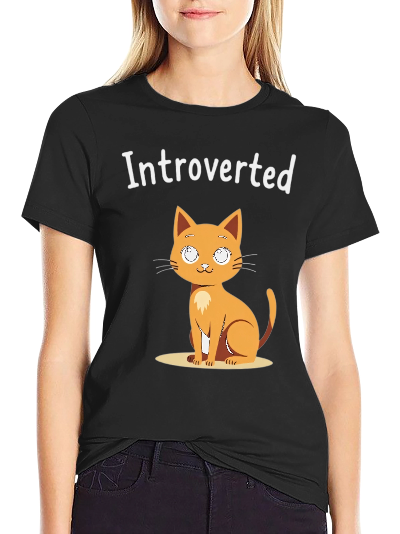 Black Introverted Cat Graphic Tee - Black Cotton T-Shirt view 2