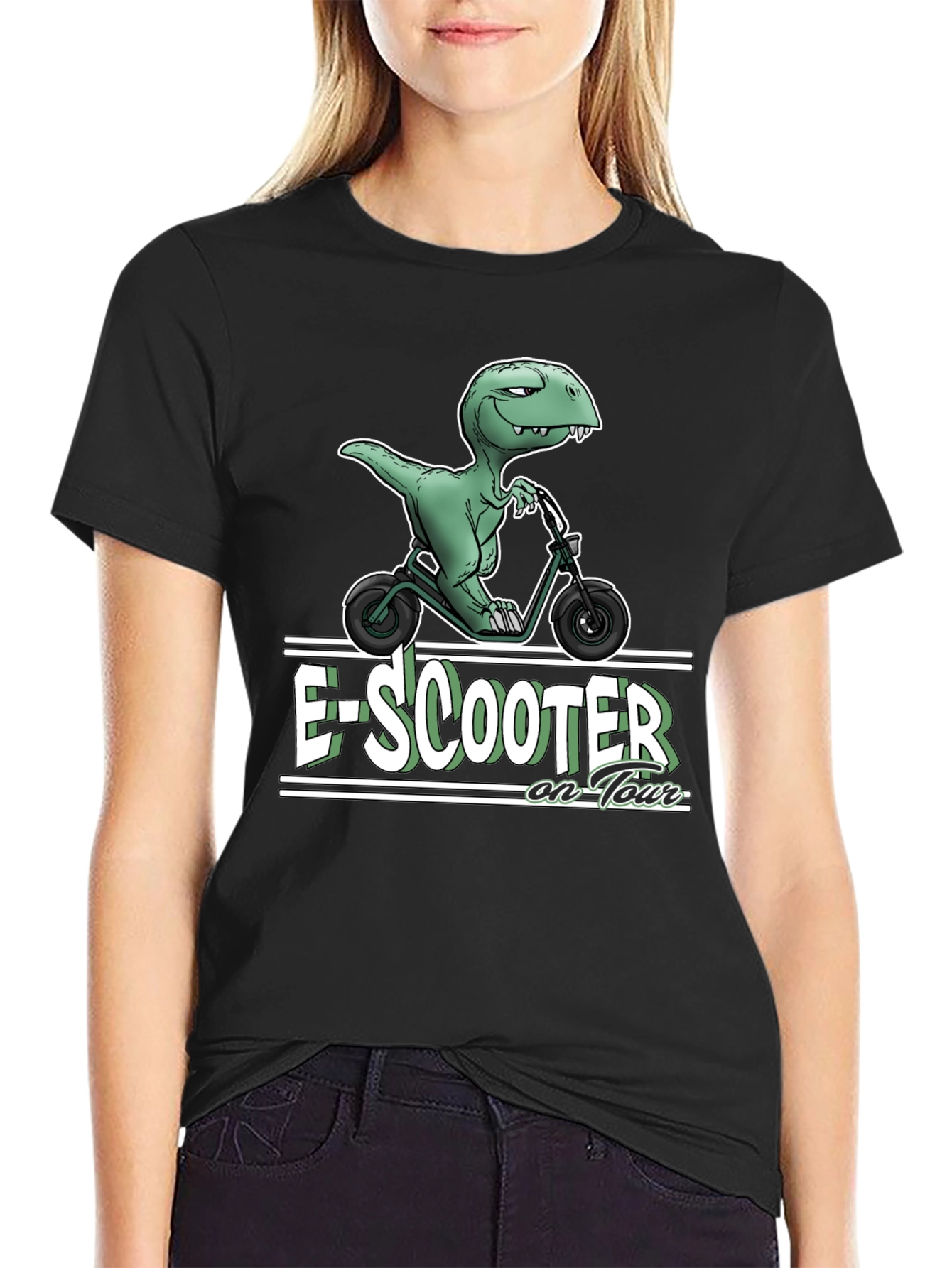 Black E-Scooter Dinosaur T-Shirt - On Tour view 2