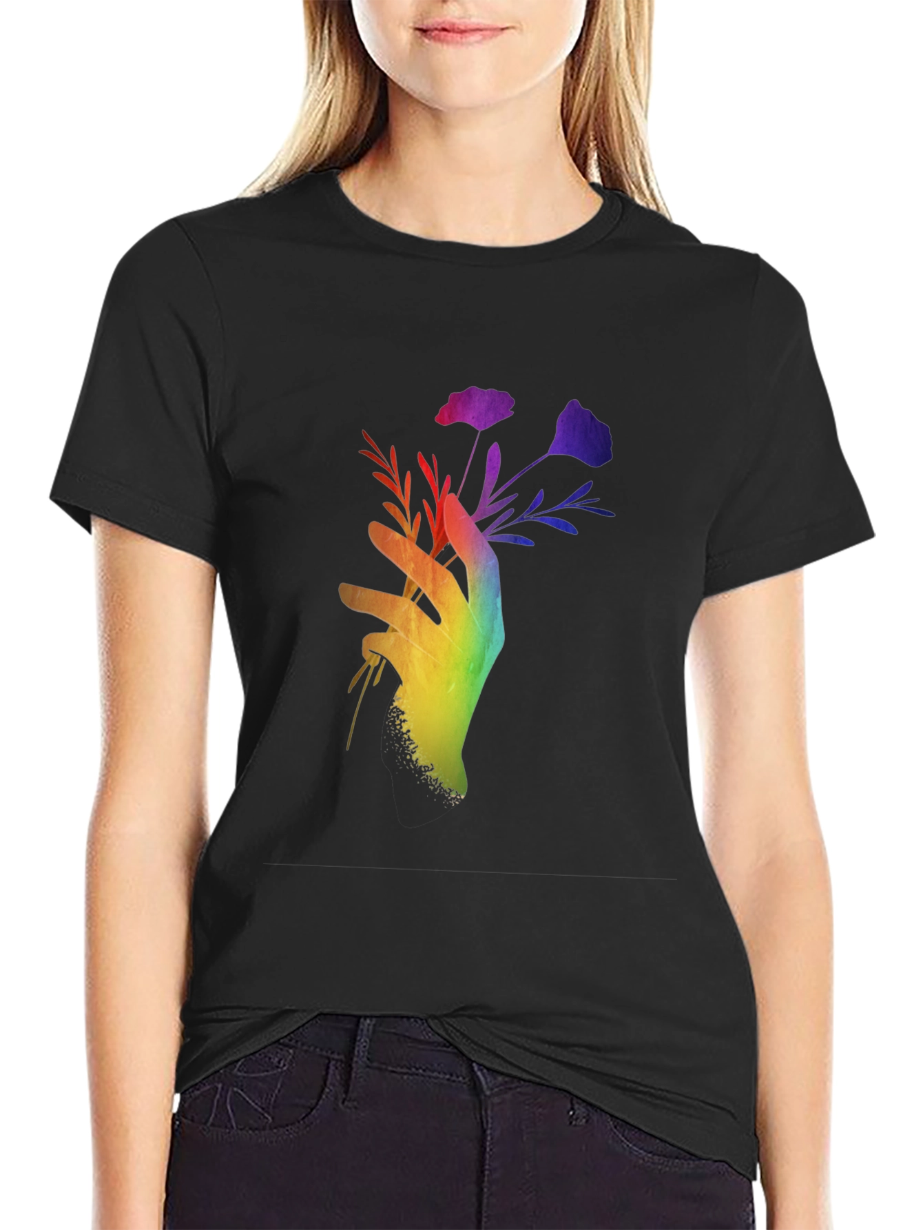 Black Rainbow Hand Holding Flowers Black T-Shirt view 2