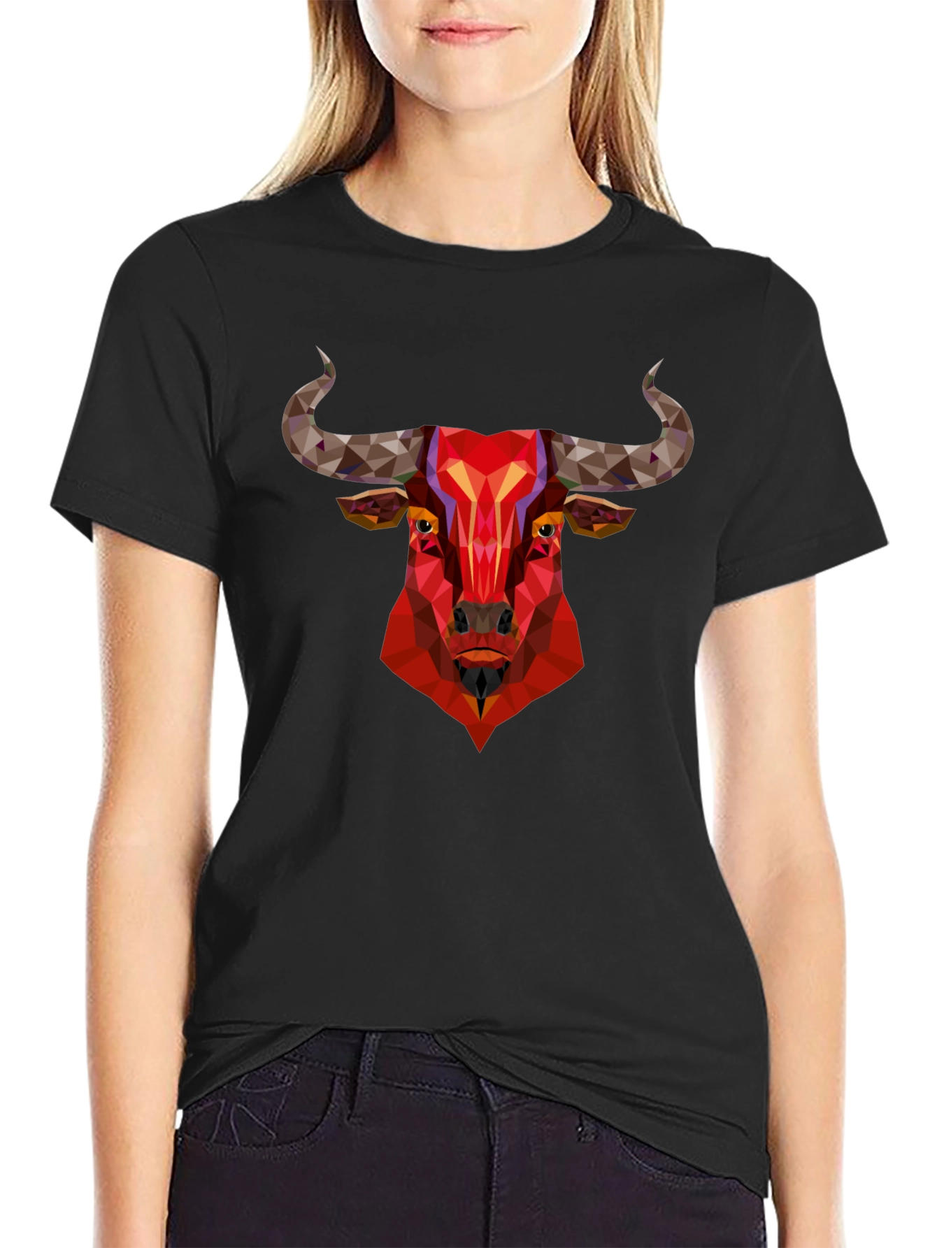 Black Geometric Bull Graphic Tee - Bold Statement Shirt view 2