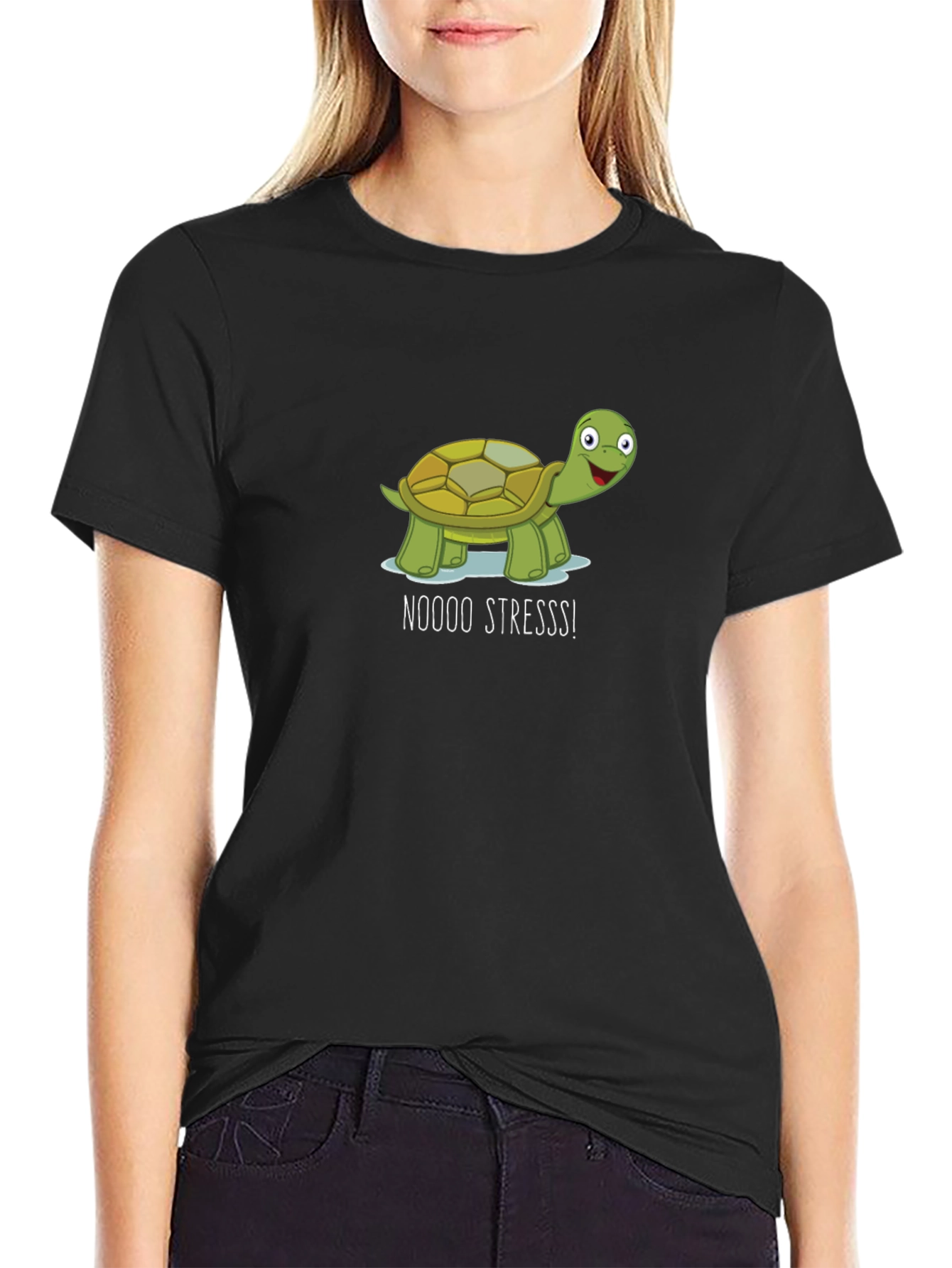 Black No Stress Turtle Black T-Shirt view 2