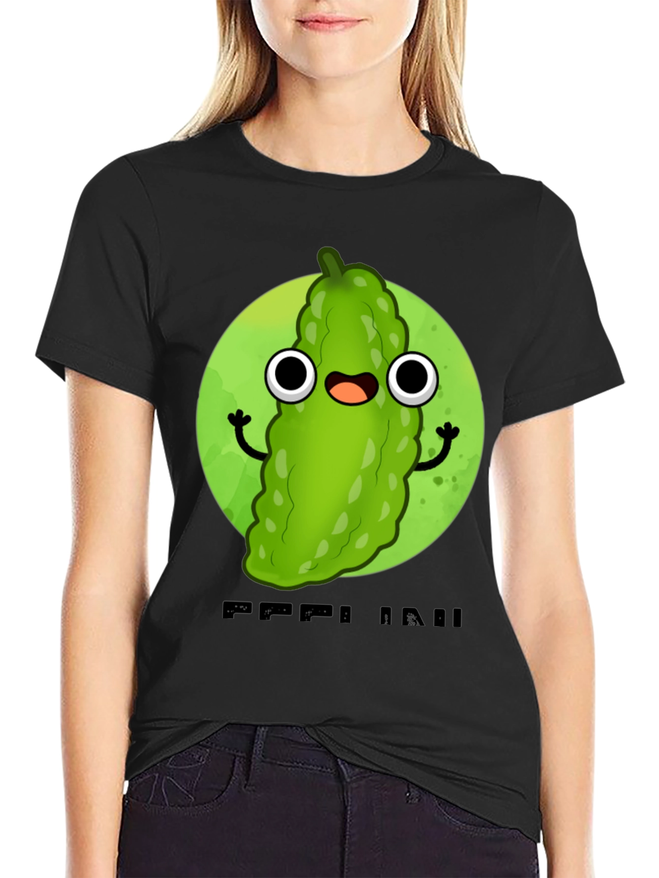 Black Funny Pickle Cartoon Black T-Shirt view 2