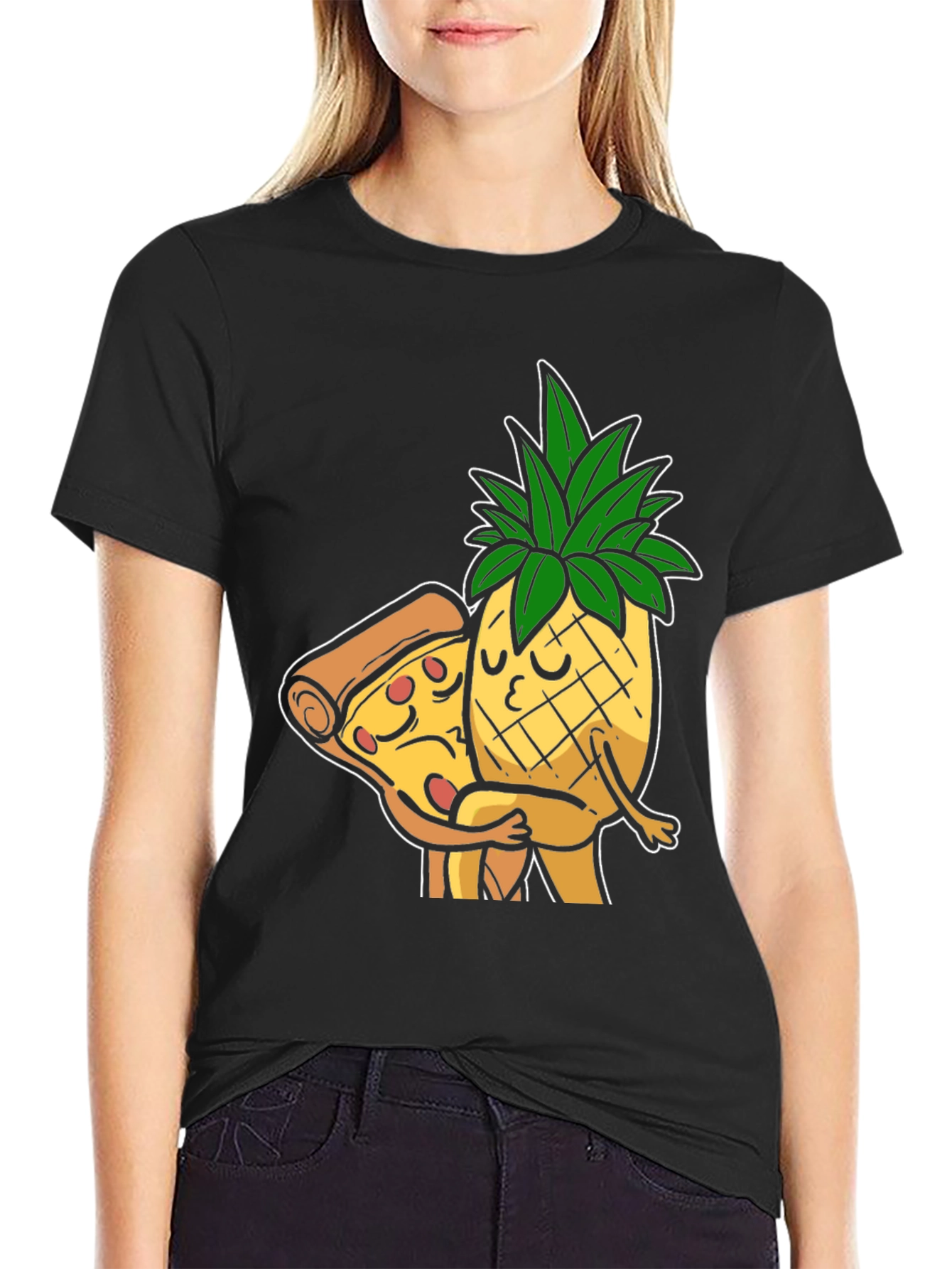 Black Pizza & Pineapple Hugs Graphic T-Shirt view 2