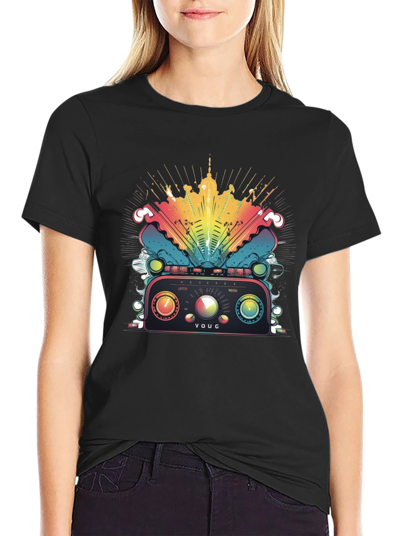Black Retro Radio T-Shirt - Colorful Graphic Tee view 2