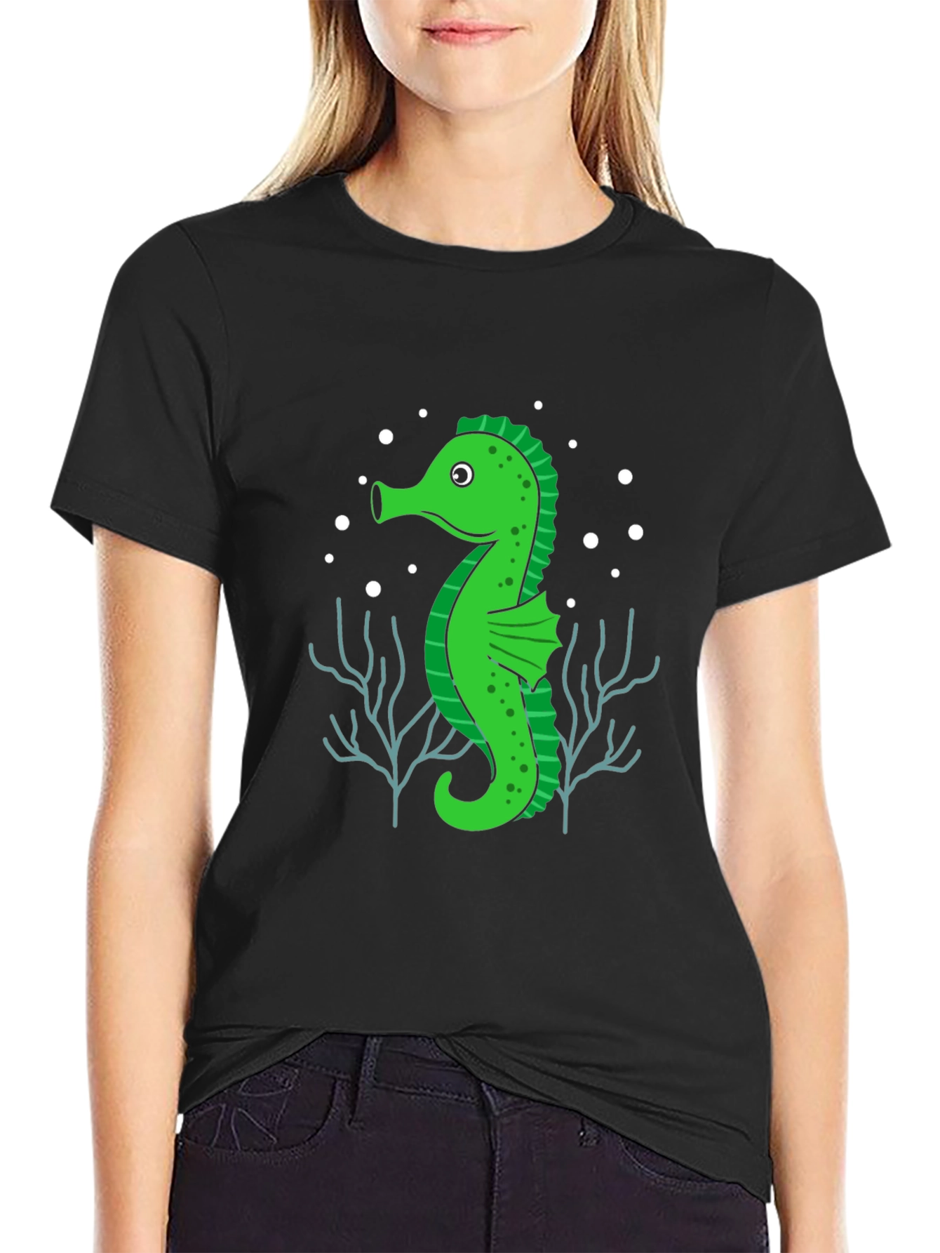 Black Seahorse Graphic Tee - Black Cotton T-Shirt view 2