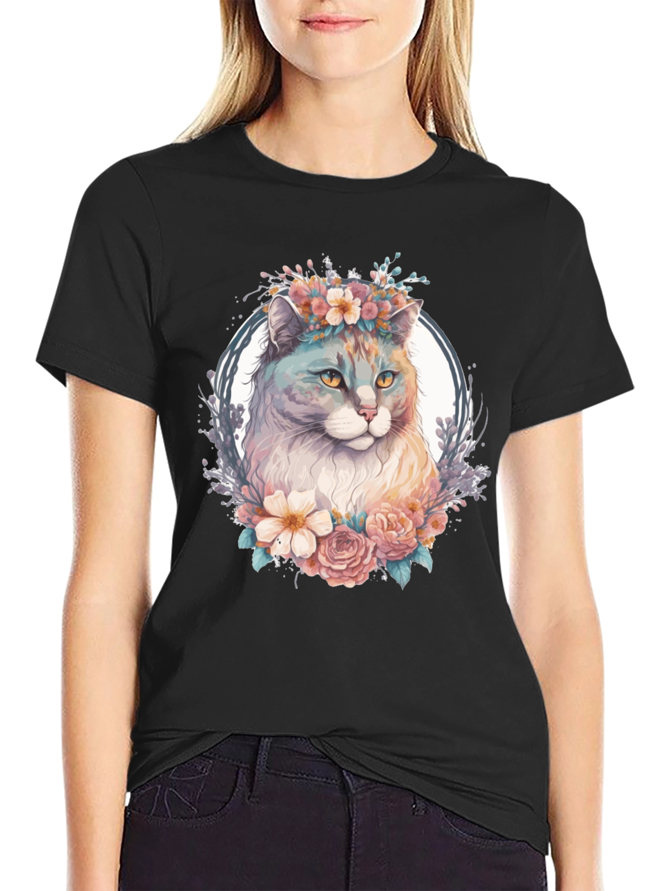 Black Floral Cat Graphic T-Shirt view 2
