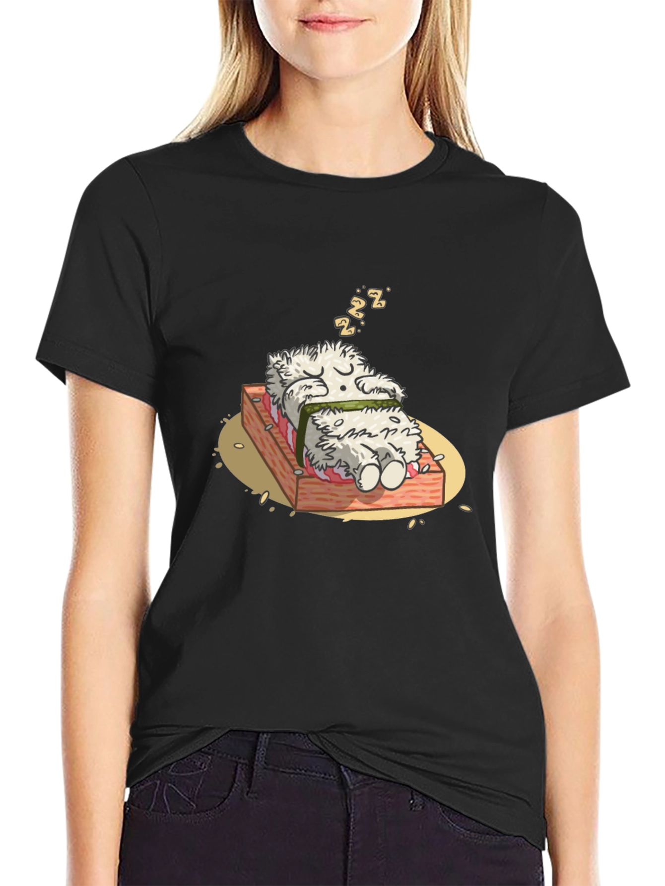 Black Sushi Dreams T-Shirt - Funny Cartoon Graphic Tee view 2
