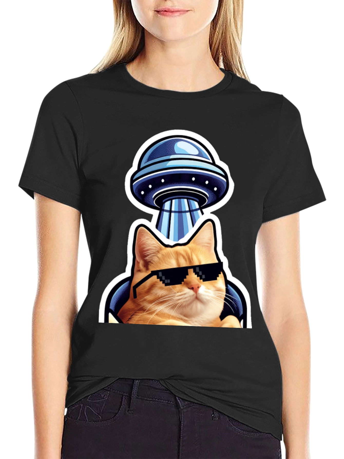 Black Cool Cat UFO T-Shirt - Black Cotton Tee view 2