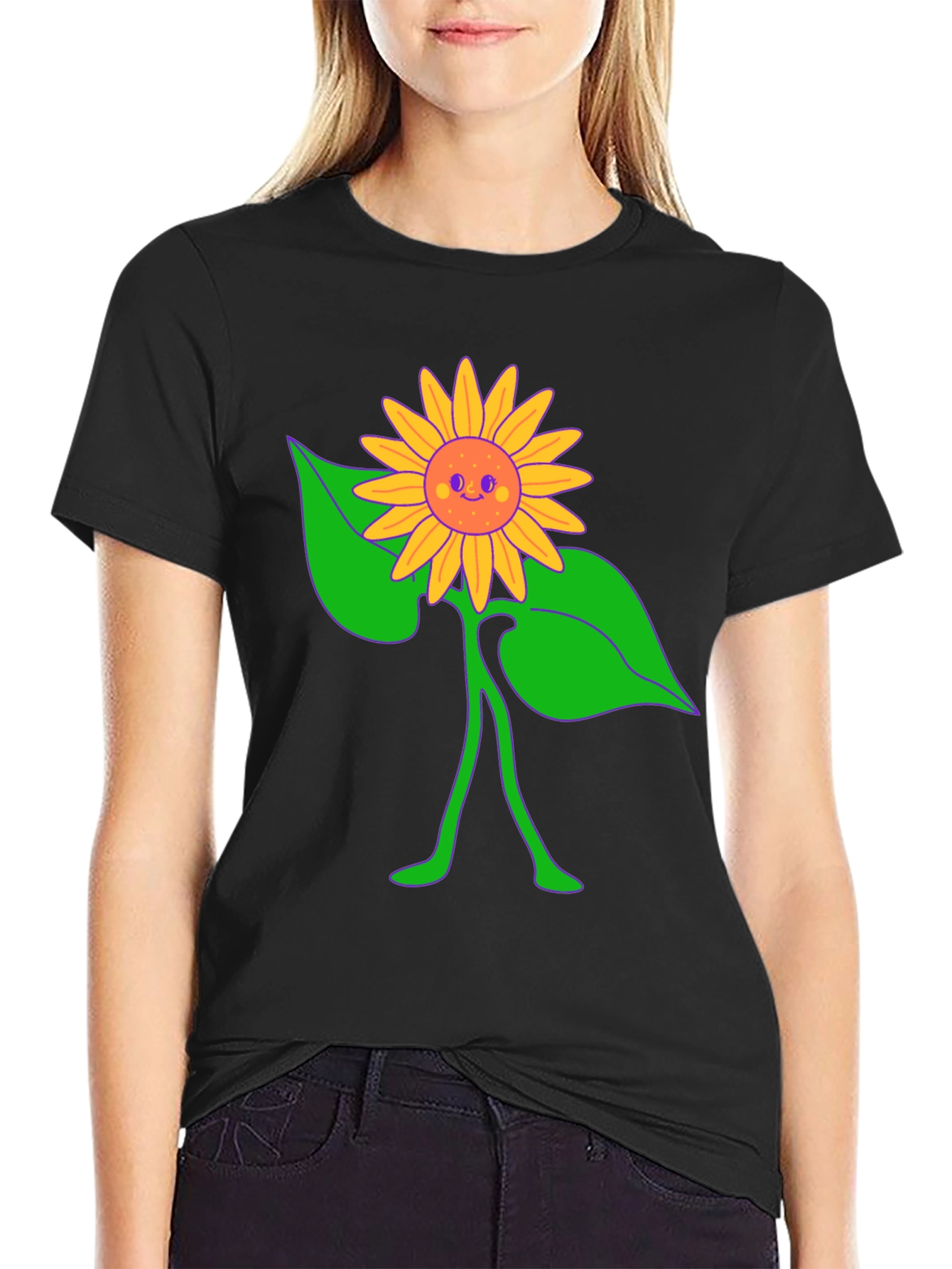 Black Groovy Sunflower Graphic Tee - Black Cotton Comfort view 2