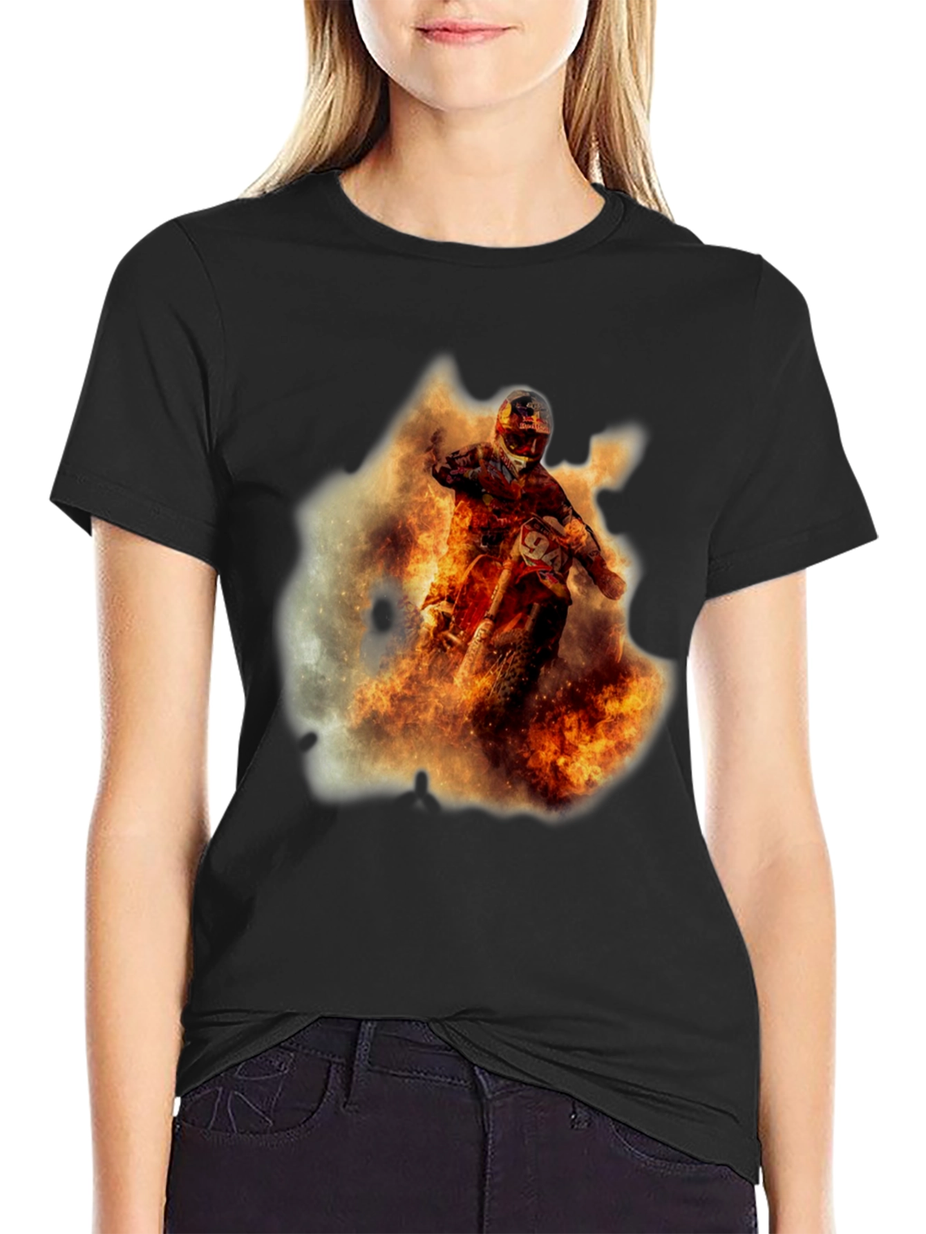 Black Fiery Motocross Rider Graphic Tee view 2