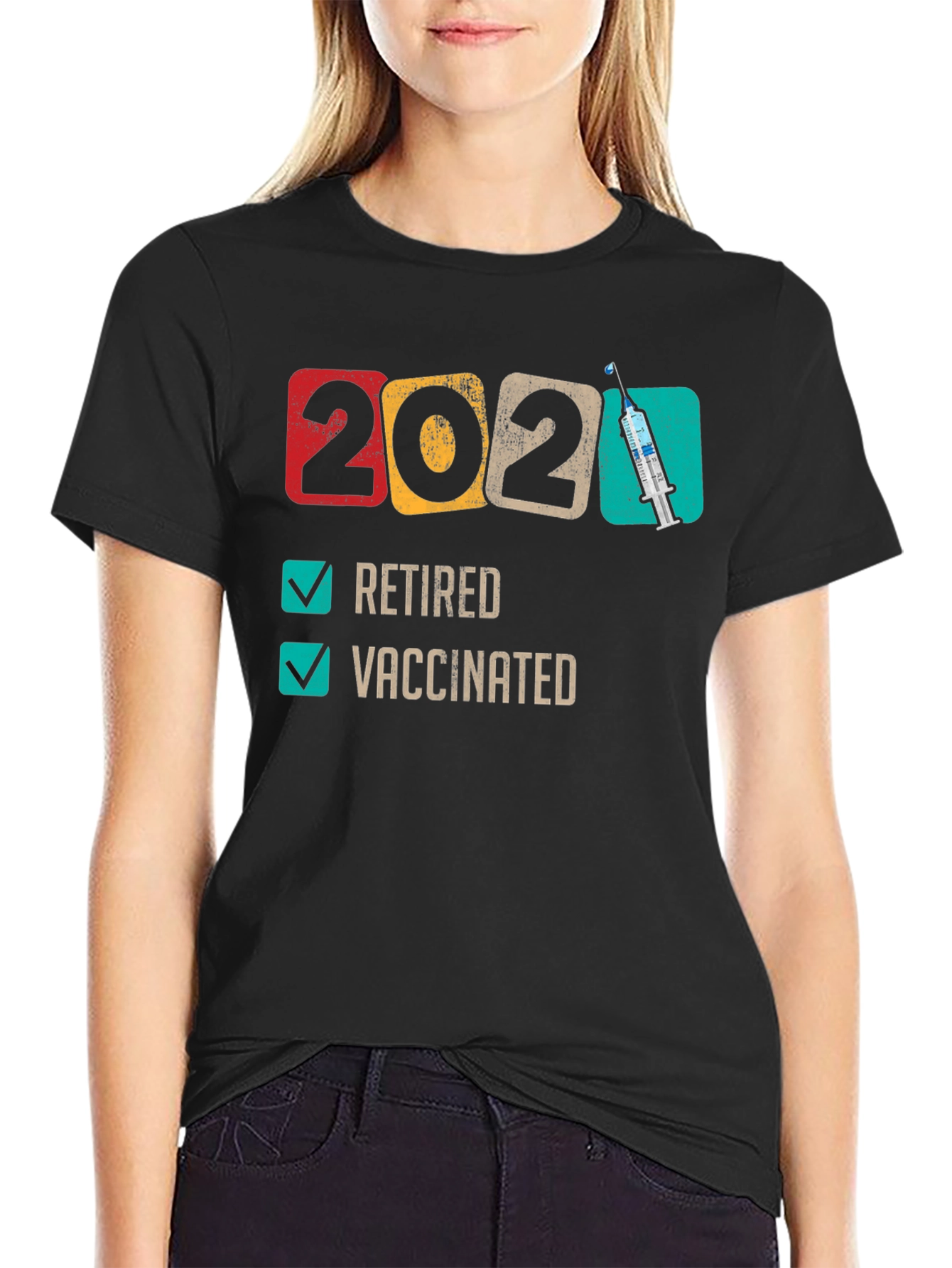 Black Retired & Vaccinated 2021 T-Shirt view 2