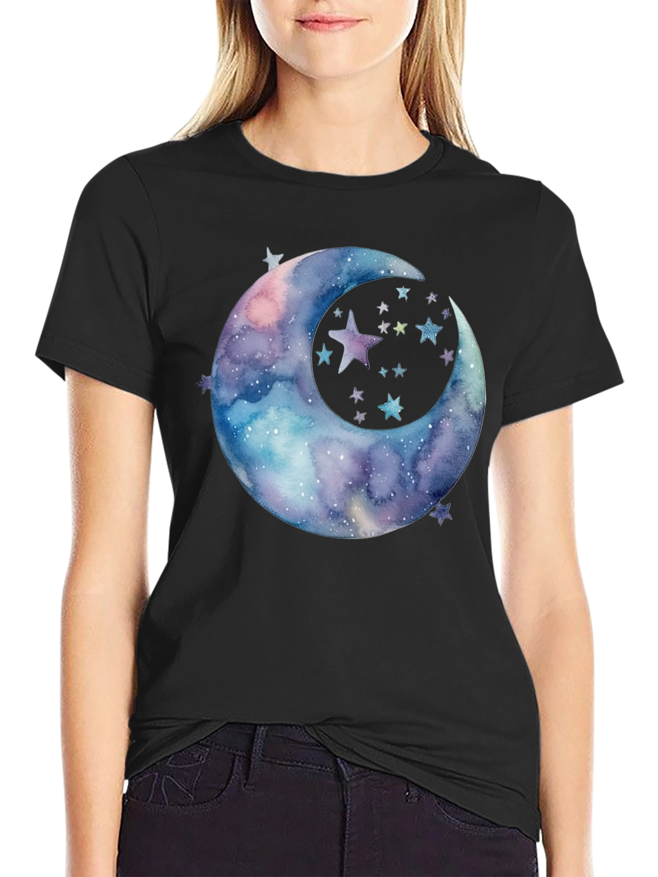 Black Watercolor Moon & Stars Graphic Tee - Black Cotton view 2