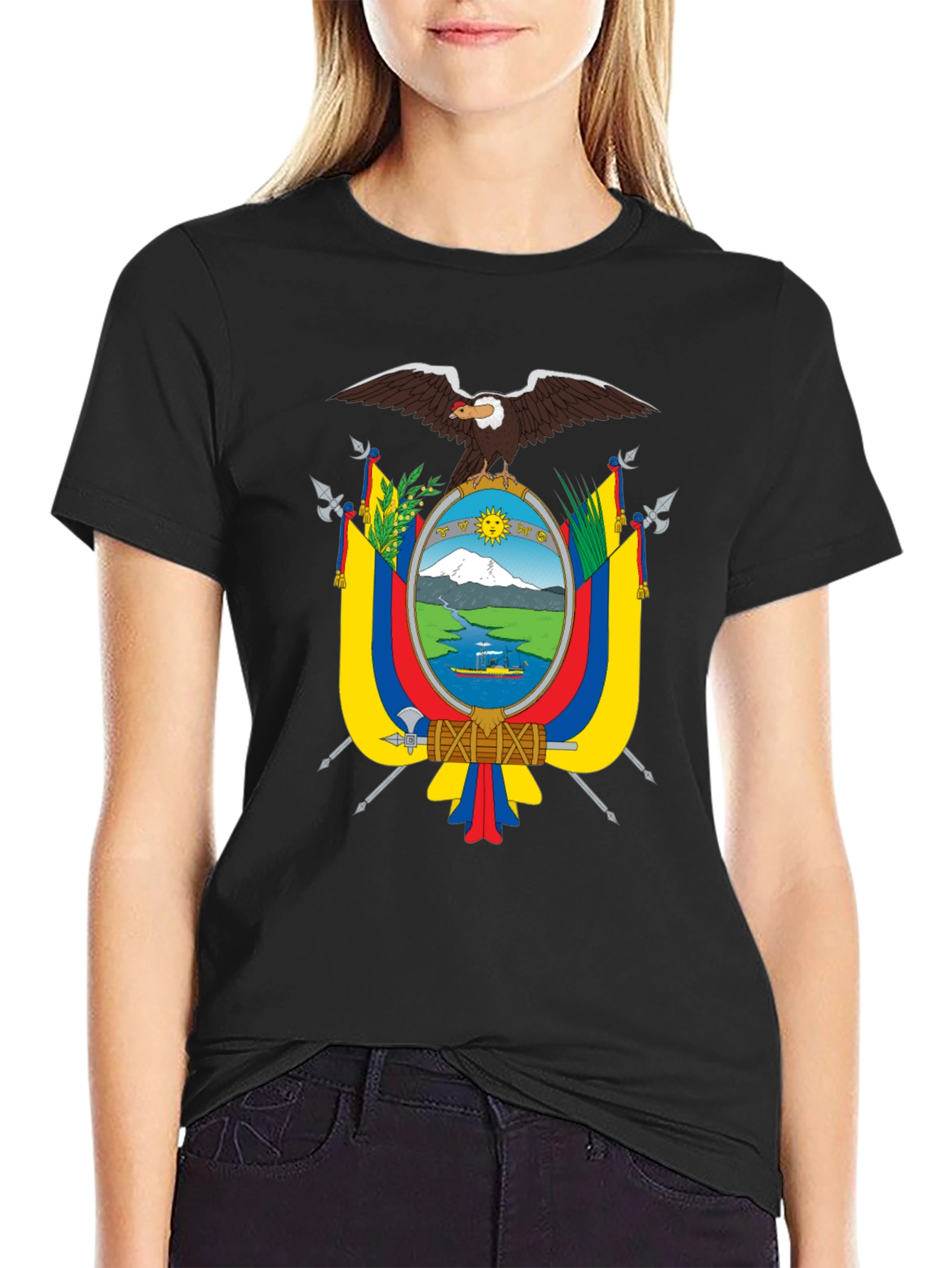 Black Ecuador Flag Eagle Crest Black T-Shirt view 2
