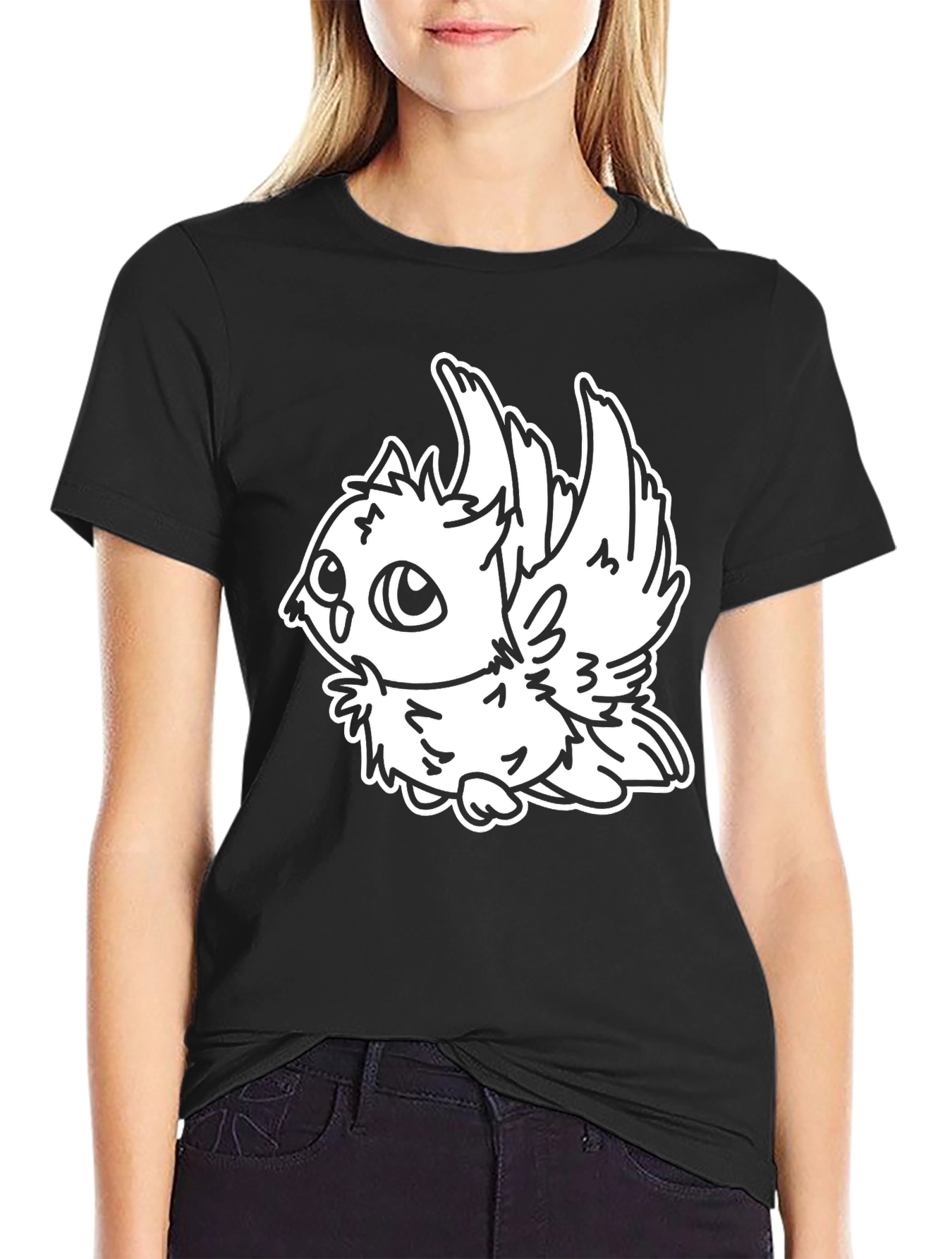 Black Cute Cartoon Owl Graphic Black T-Shirt view 2