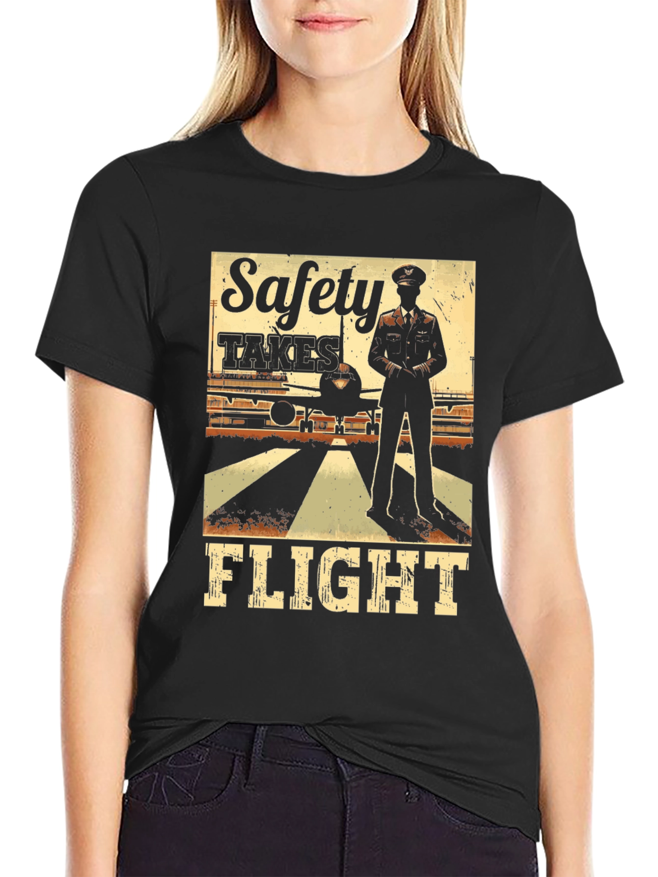 Black Safety Takes Flight T-Shirt Pilot Aviation Airplane Tee view 2