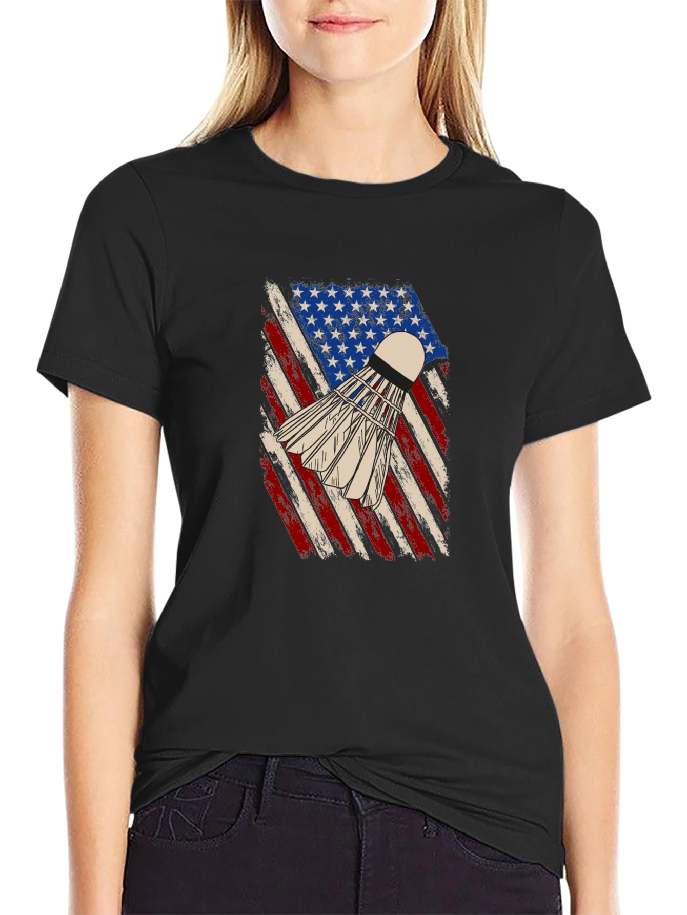 Black Patriotic Badminton T-Shirt - USA Flag Shuttlecock Design view 2