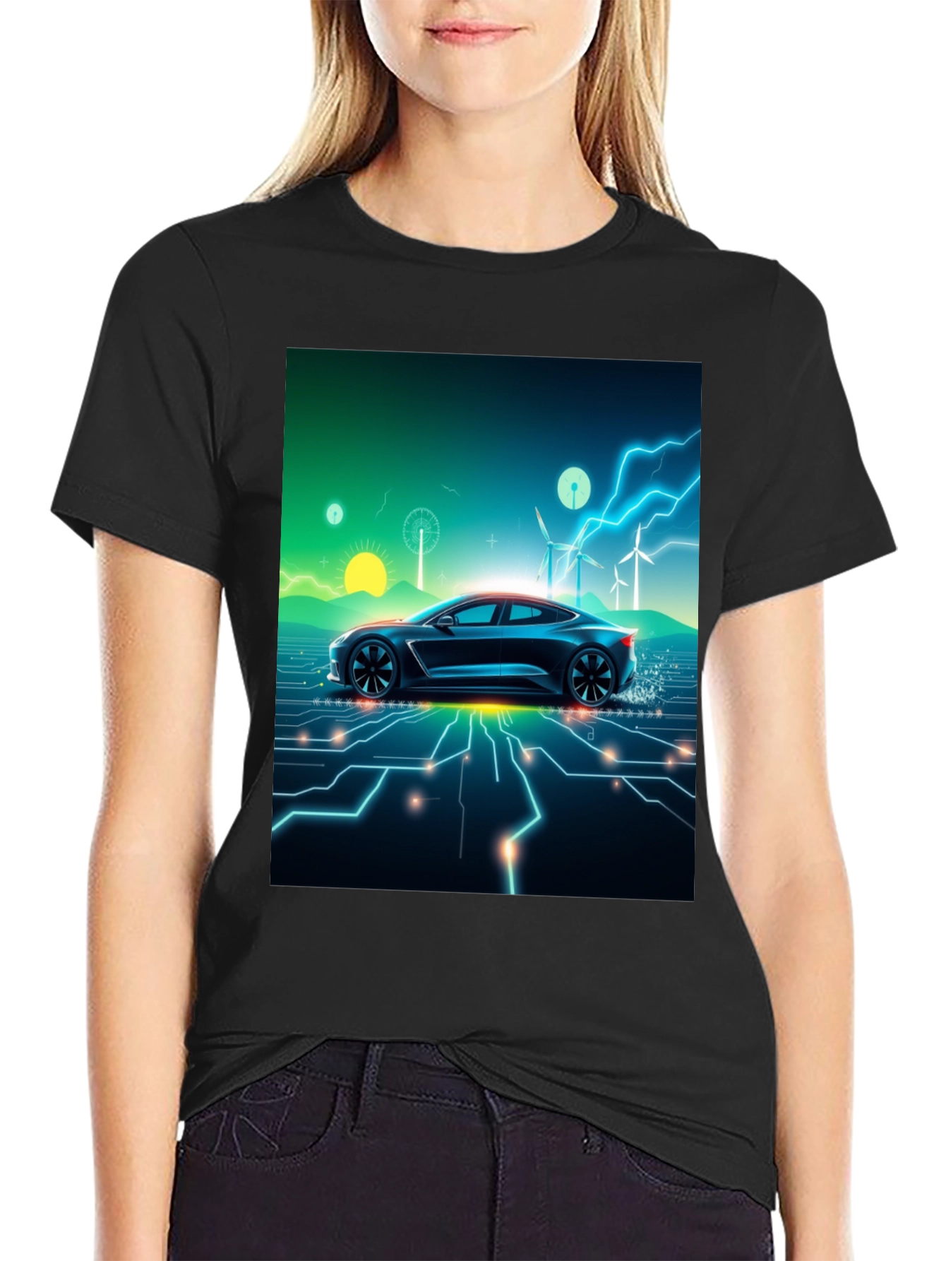 Black Electric Car T-Shirt - Futuristic Style view 2