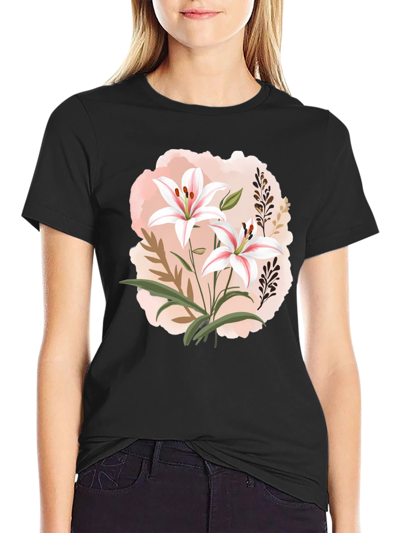 Black Floral Lily Graphic Black T-Shirt view 2