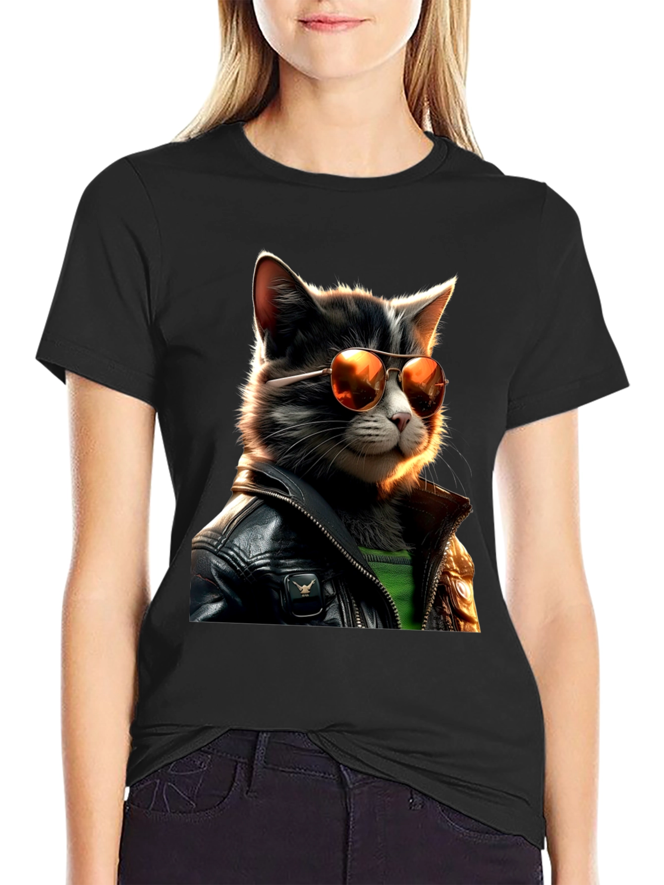 Black Cool Cat in Leather T-Shirt view 2