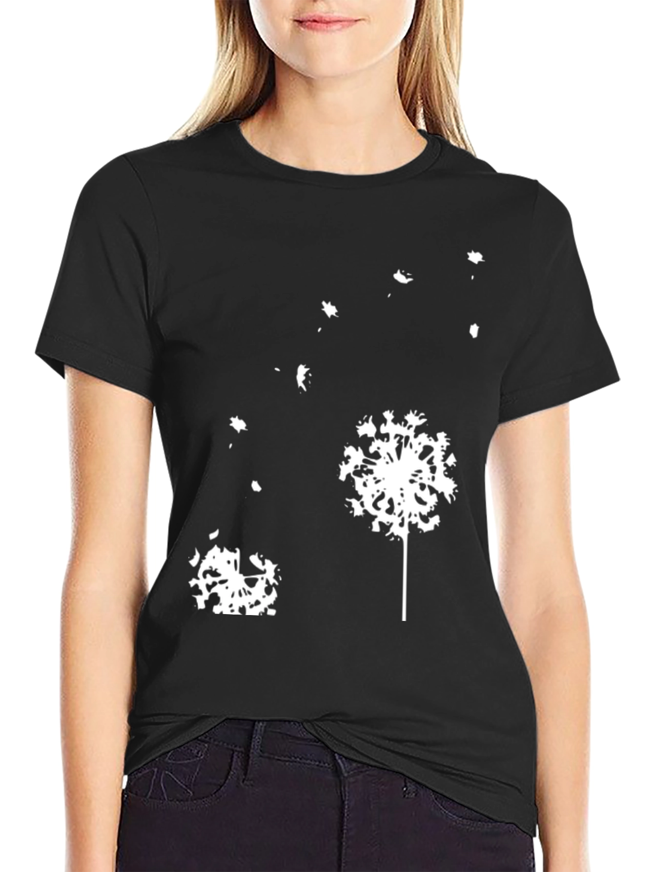Black Dandelion Graphic Print Crew Neck T-Shirt view 2