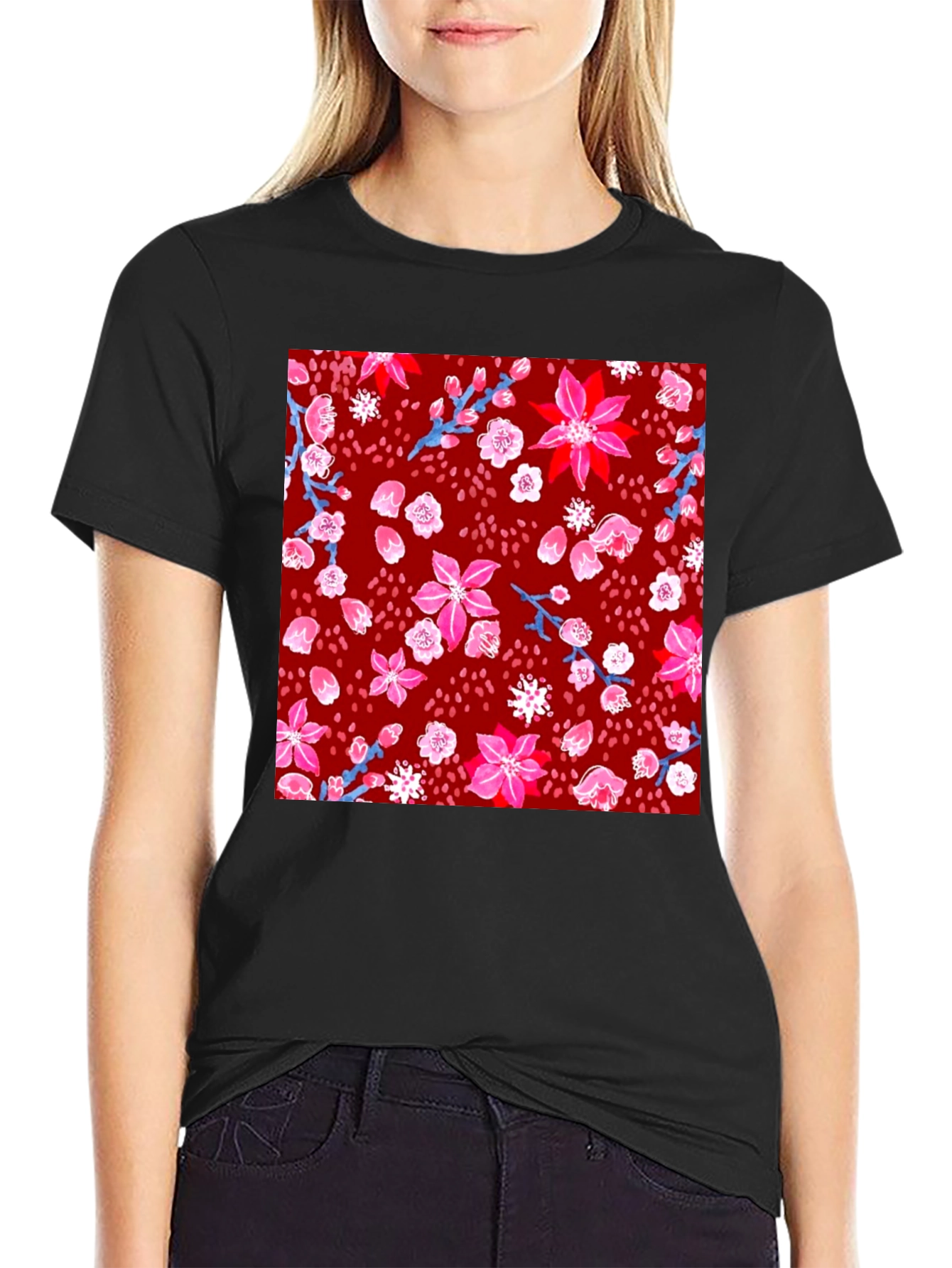 Black Floral Print Crew Neck T-Shirt view 2