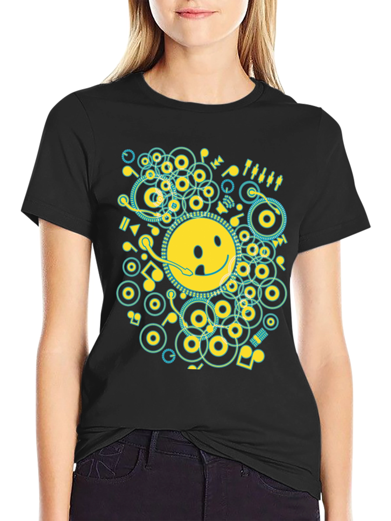 Black Smiley Face Music Graphic T-Shirt - Casual Black Tee view 2