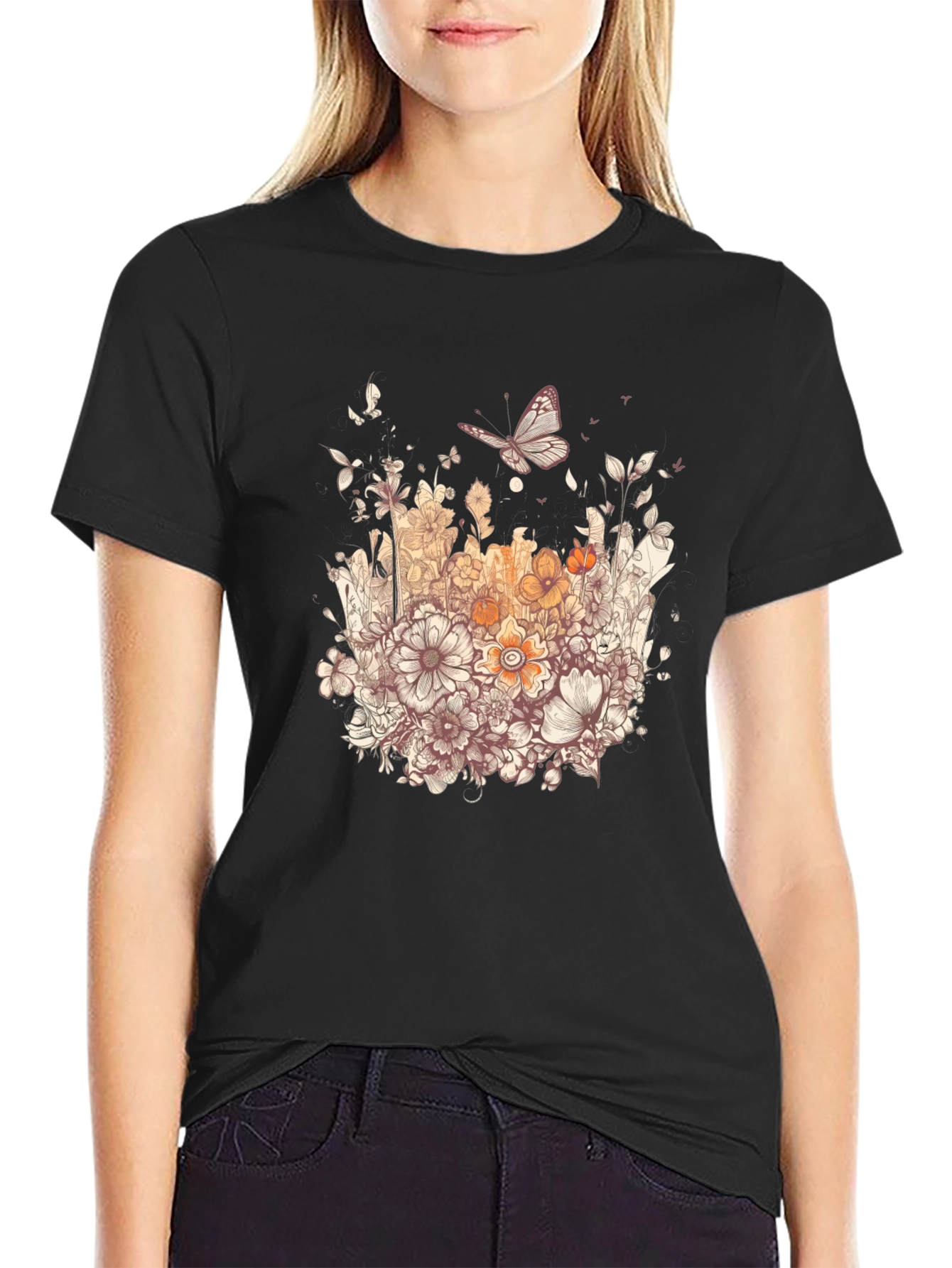 Black Floral Butterfly Graphic Tee view 2