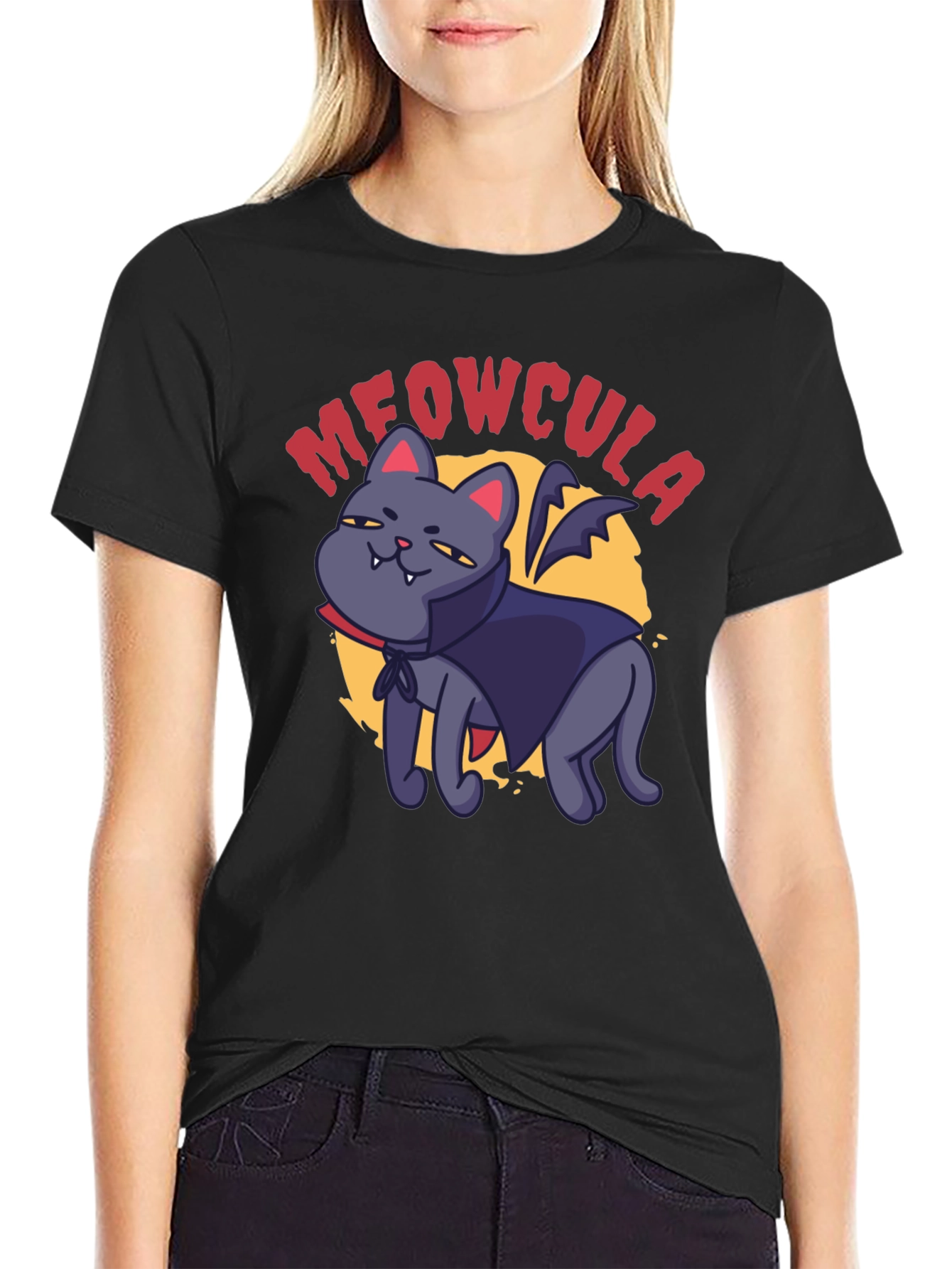 Black Meowcula Vampire Cat Graphic T-Shirt view 2
