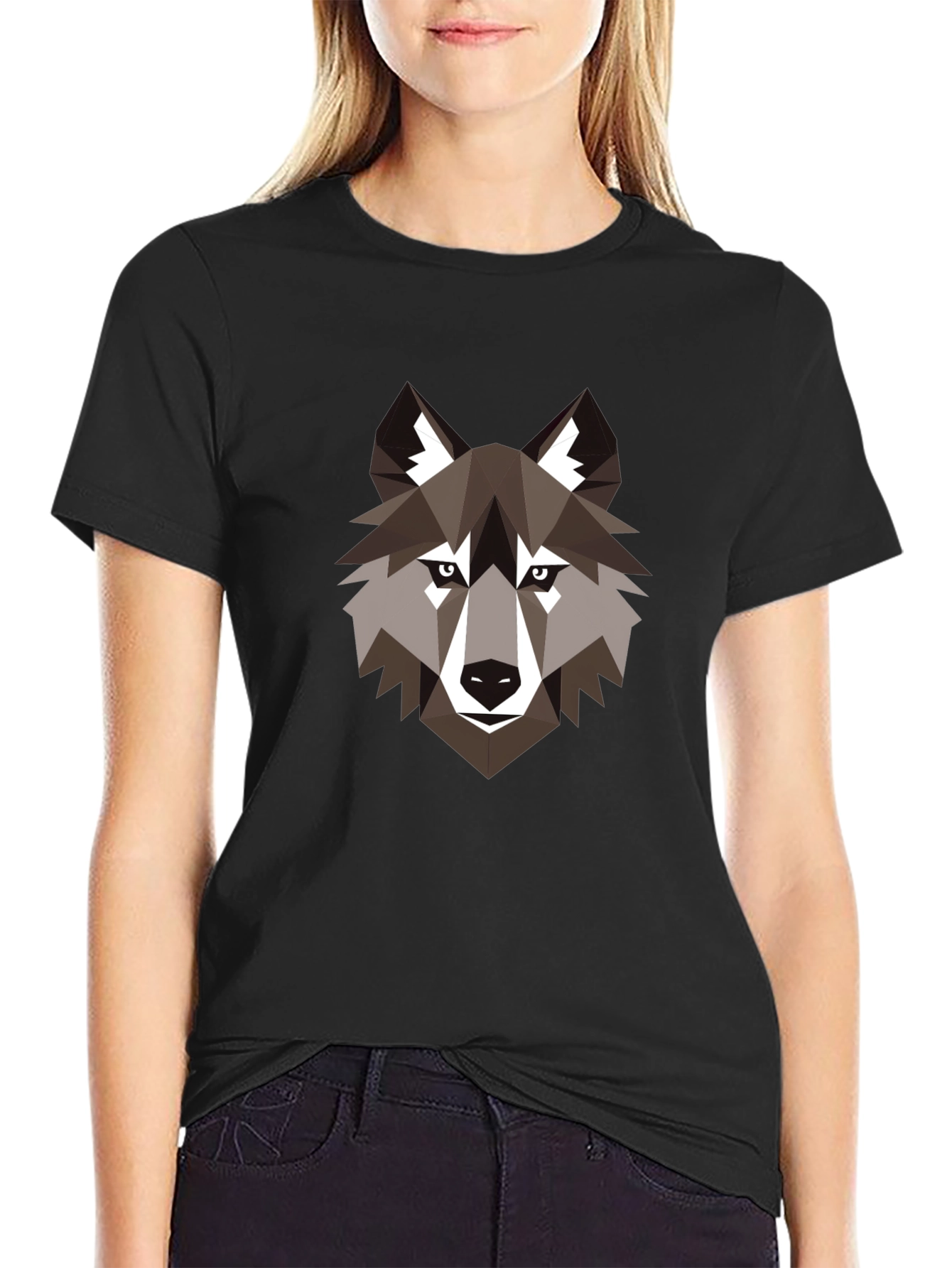 Black Geometric Wolf Graphic Black T-Shirt view 2