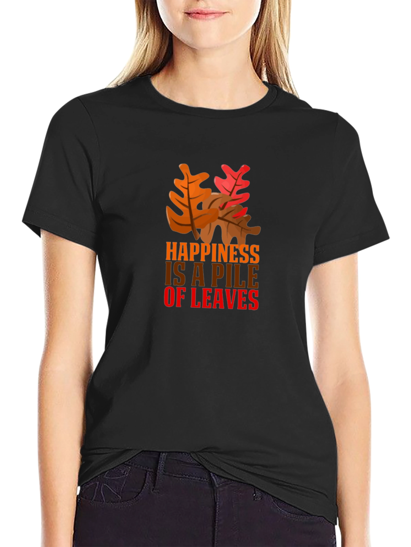 Black Autumn Leaves Happiness Graphic Tee - Black view 2
