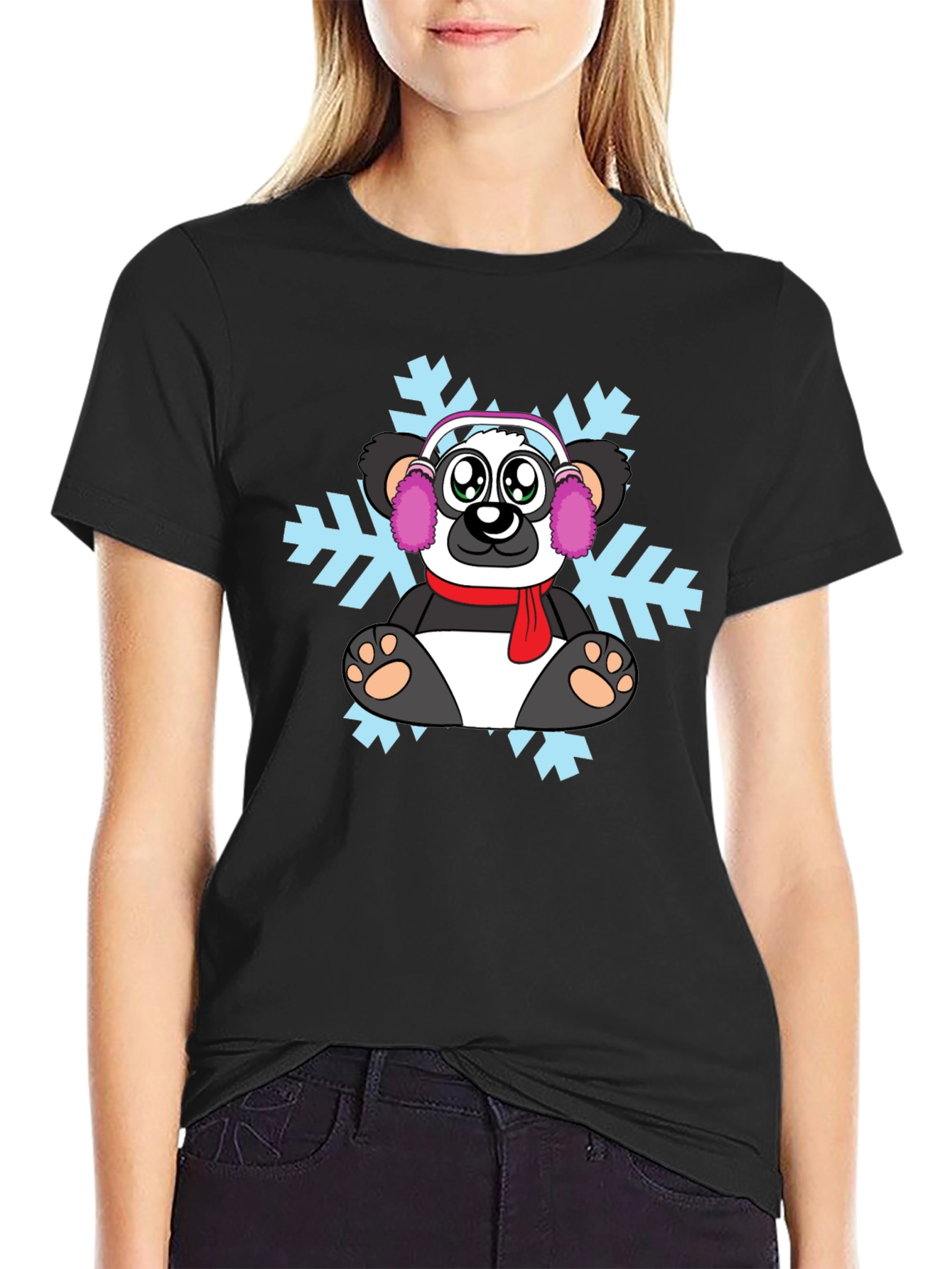 Black Winter Panda Graphic T-Shirt - Cozy Style view 2